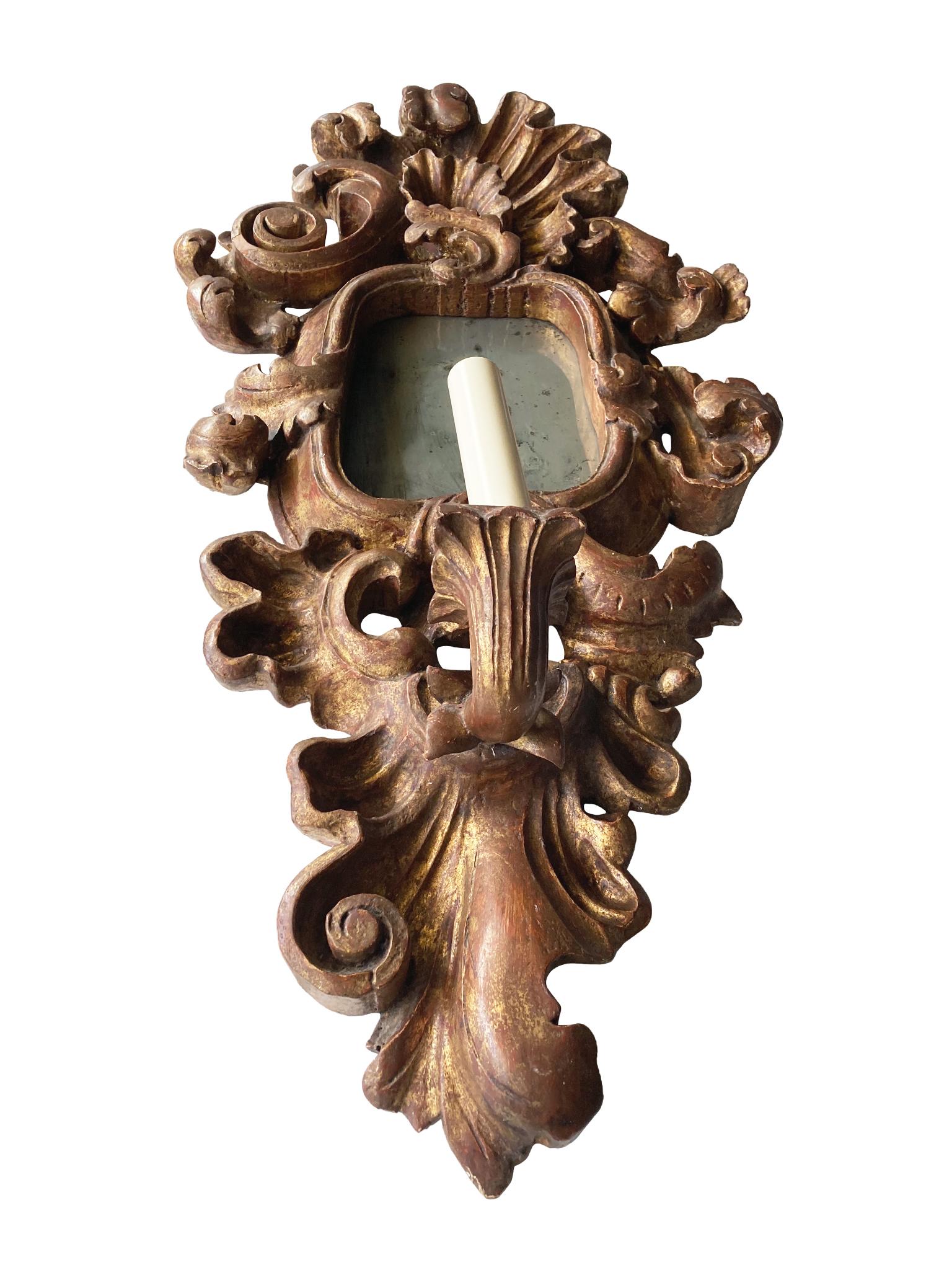 Hand-Carved Pair of Antique Giltwood Mirror Sconces
