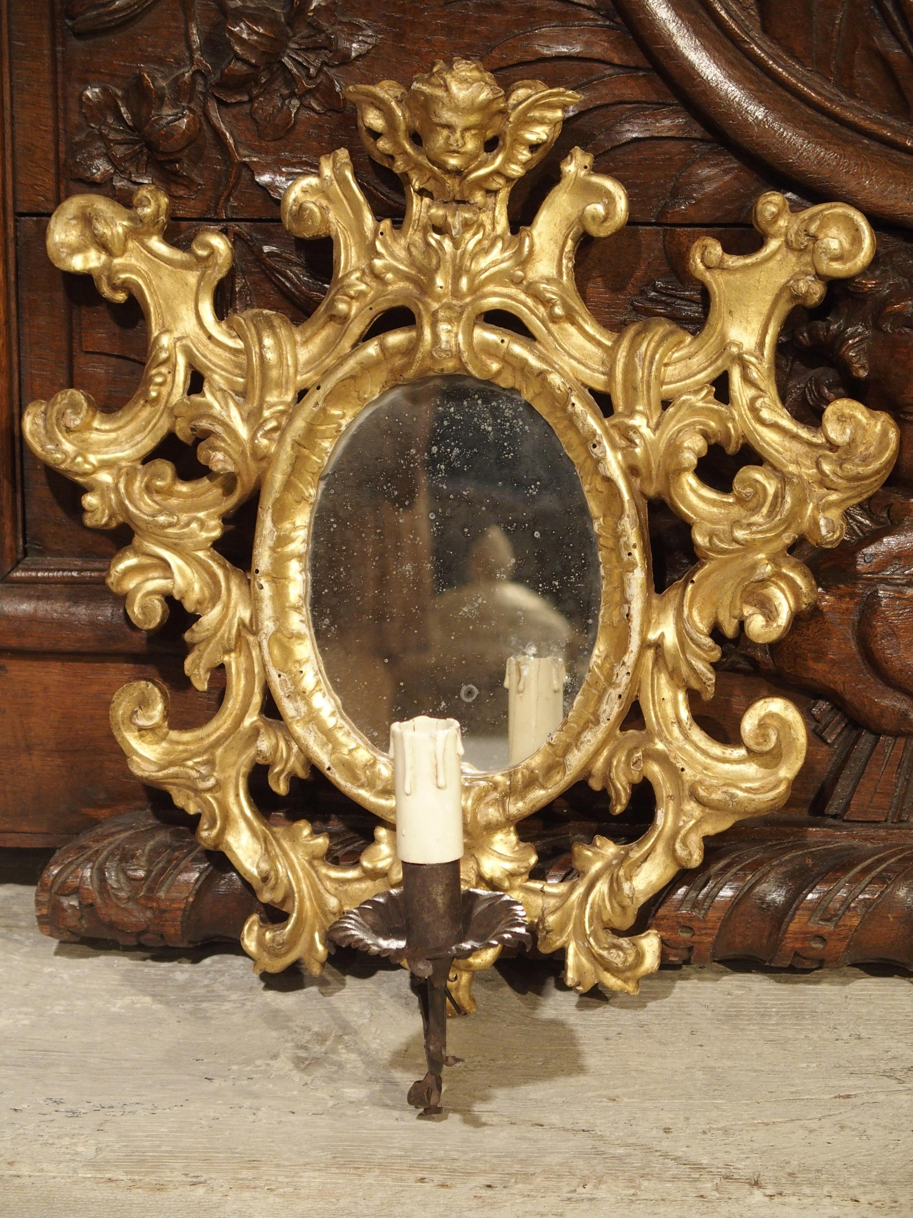 Italian Pair of Antique Giltwood Mirrored Sconces from Italy, circa 1880