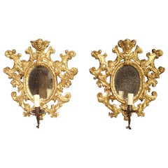 Pair of Antique Giltwood Mirrored Sconces from Italy, circa 1880