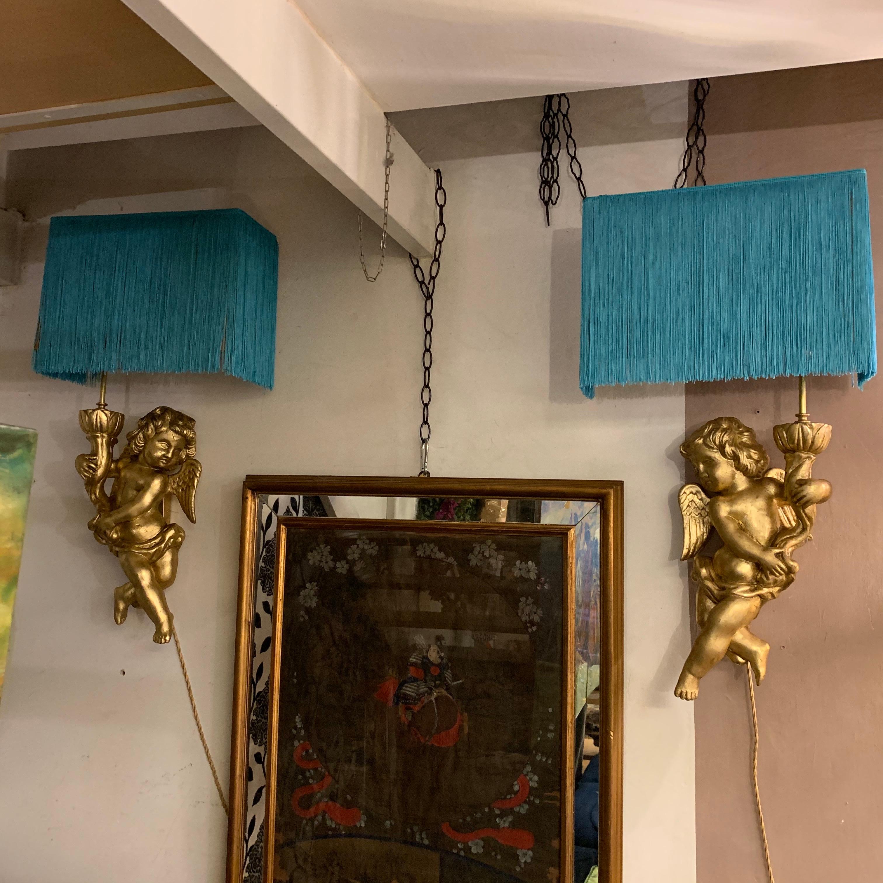 Renaissance Revival Pair of Antique Giltwood Sculpture Angel Appliques Turquoise Fringed Lampshades