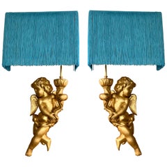 Pair of Antique Giltwood Sculpture Angel Appliques Turquoise Fringed Lampshades