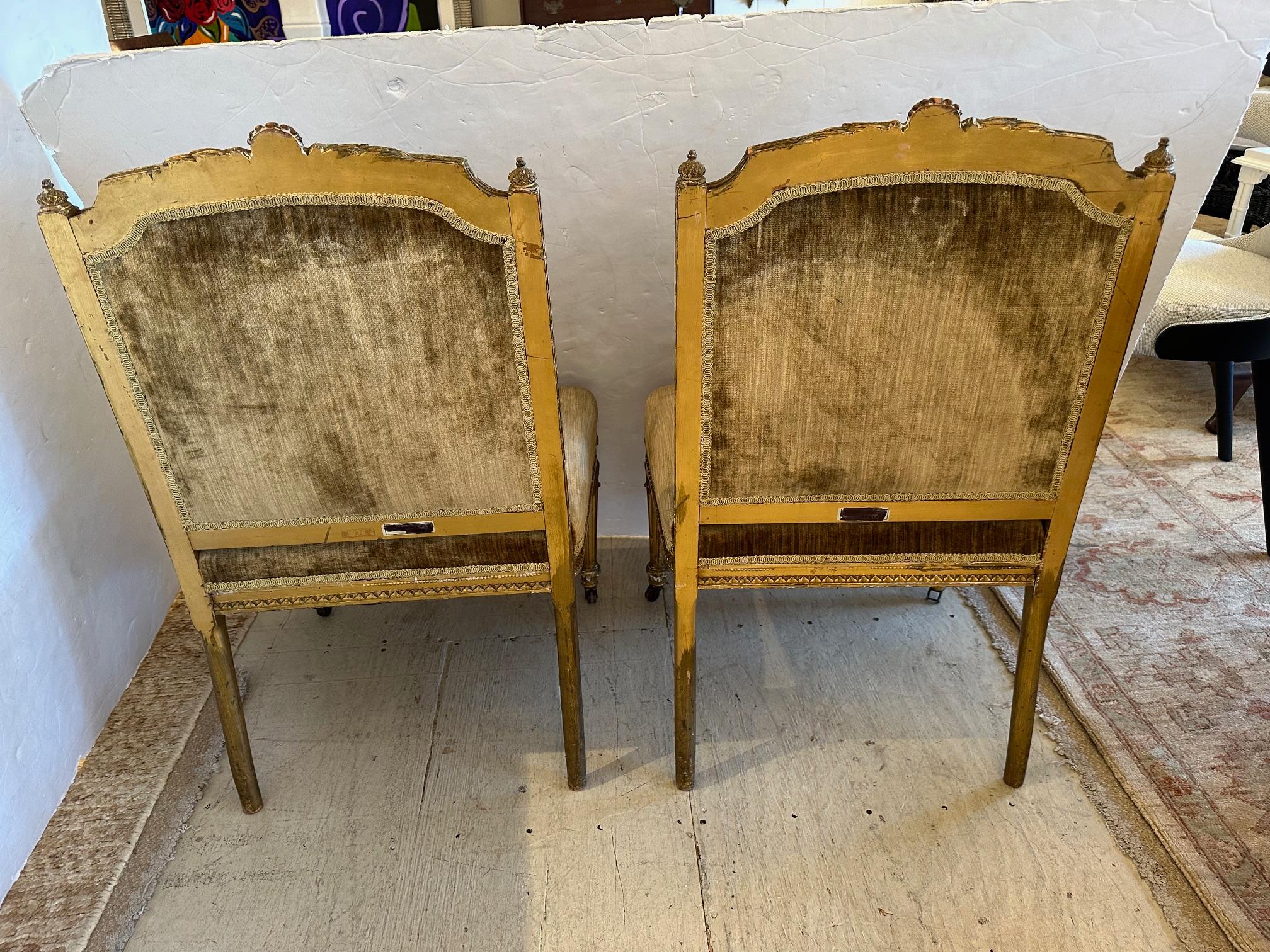 French Pair of Antique Giltwood & Velvet Louis XVI Side Chairs For Sale