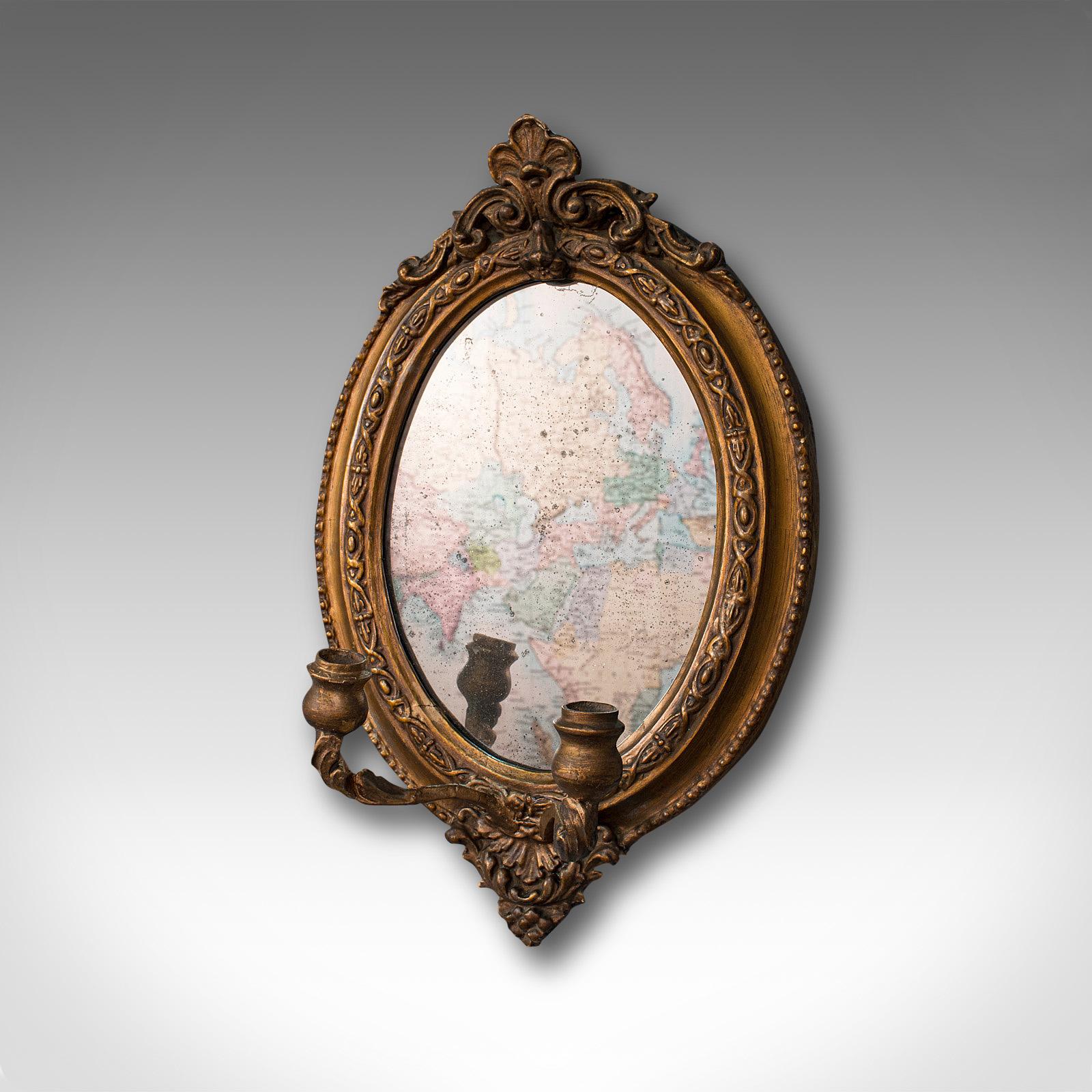 British Pair of Antique Girandole Mirrors, English, Giltwood, Oval, Wall, Regency, 1820
