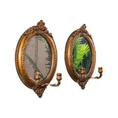Pair of Antique Girandole Mirrors, English, Giltwood, Oval, Wall, Regency, 1820