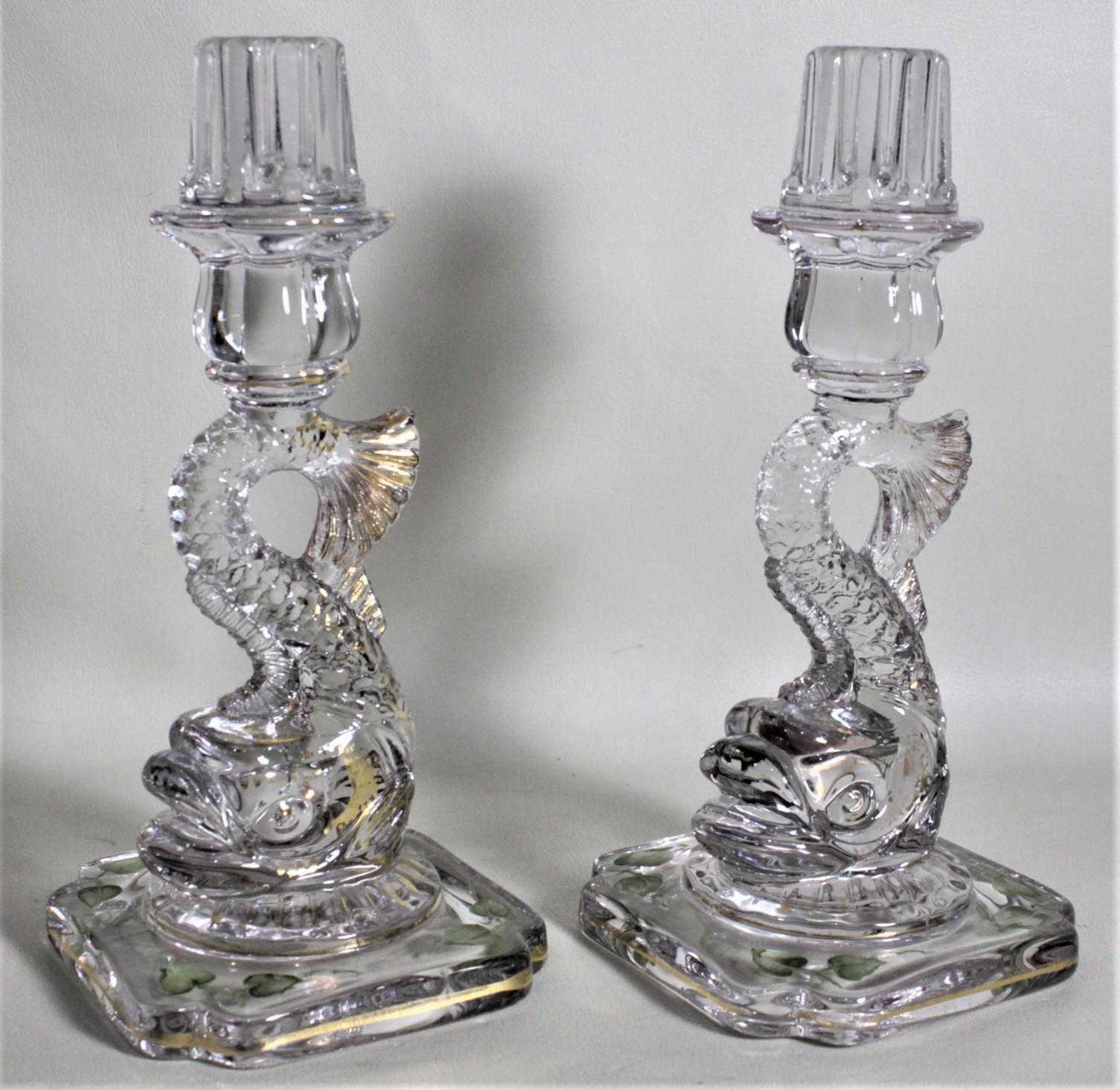 High Victorian Pair of Antique Glass Figural Dolphin Lustres or Candleholders with Enamelling For Sale