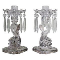 Pair of Antique Glass Figural Dolphin Lustres or Candleholders with Enamelling