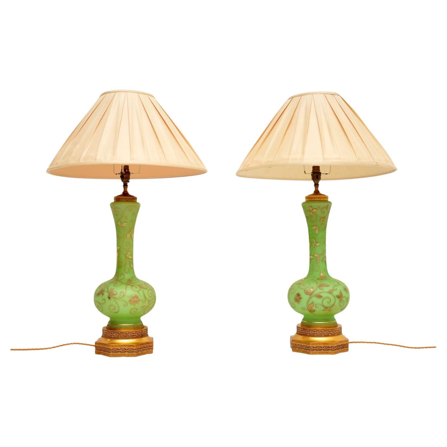 Pair of Antique Glass & Gilt Metal Table Lamps For Sale