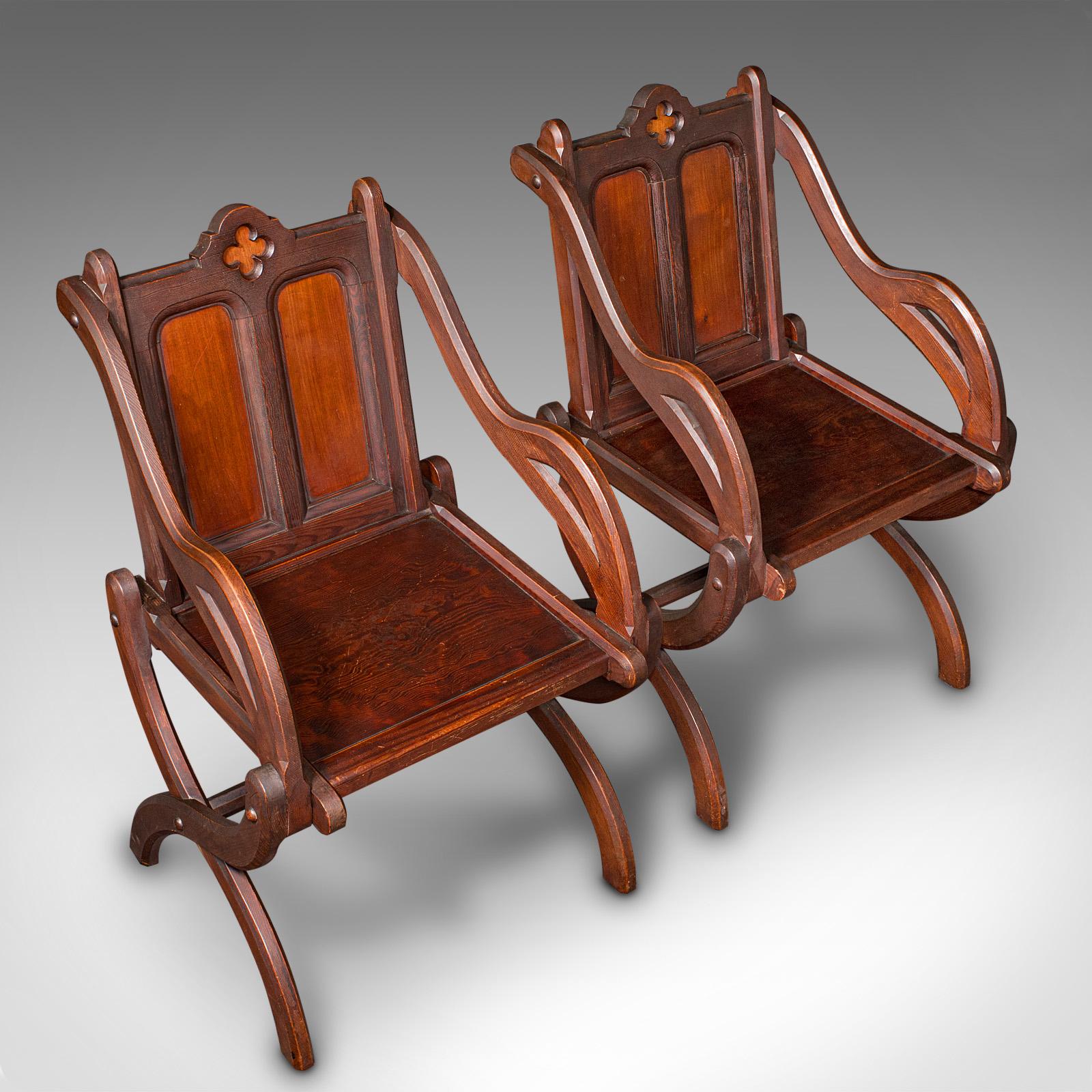 Pair of Antique Glastonbury Chairs, English, Decorative Armchair, Gothic Revival For Sale 1