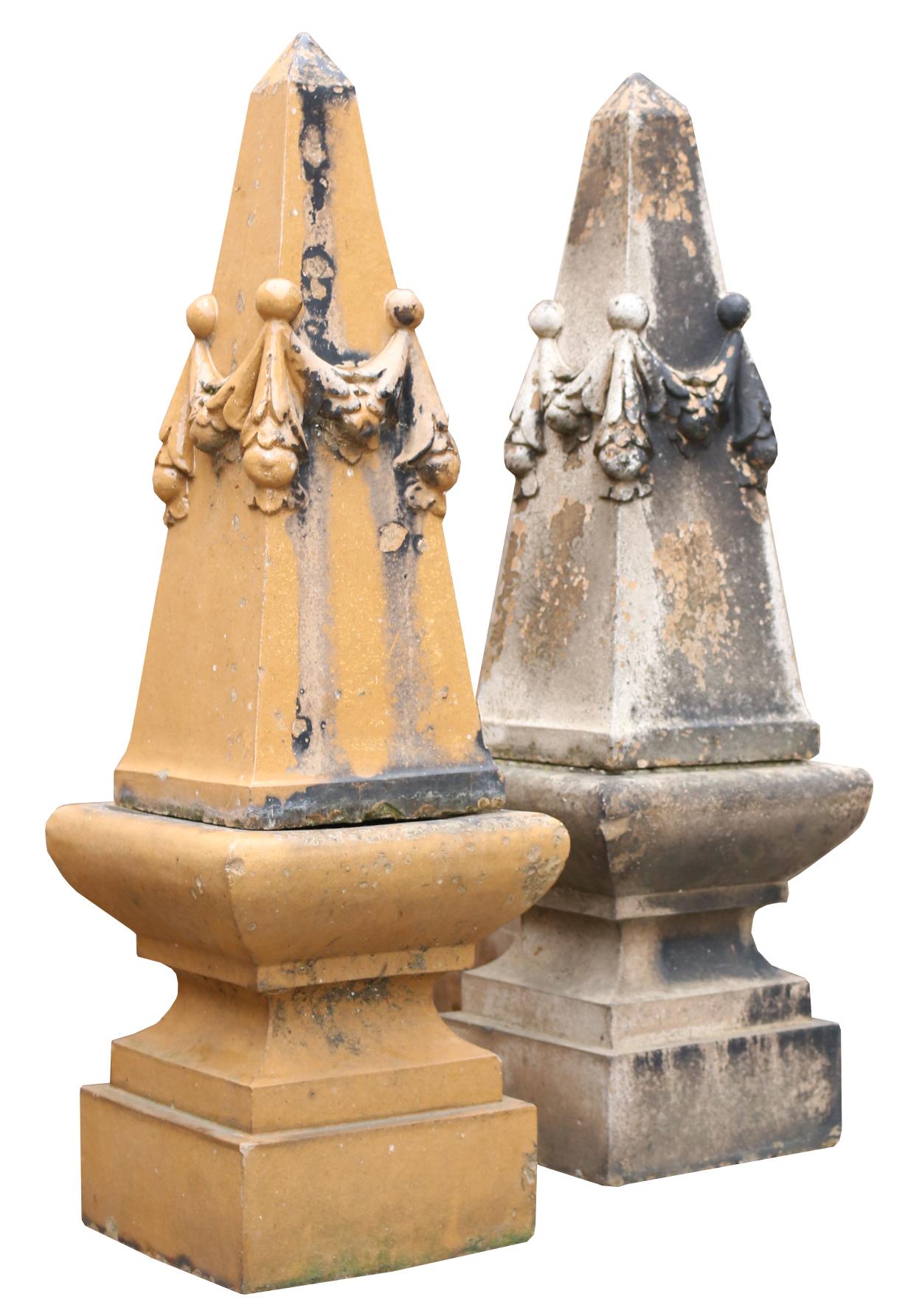 About

A pair of large English glazed stoneware Garden obelisks or gate pier finials. 

Condition report

Both of these obelisks come in two components. There is a difference in the glazing. There are no breaks or cracks, however there are