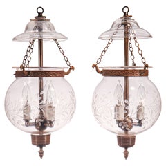 Pair of Antique Globe Bell Jar Lanterns with Vine Etching