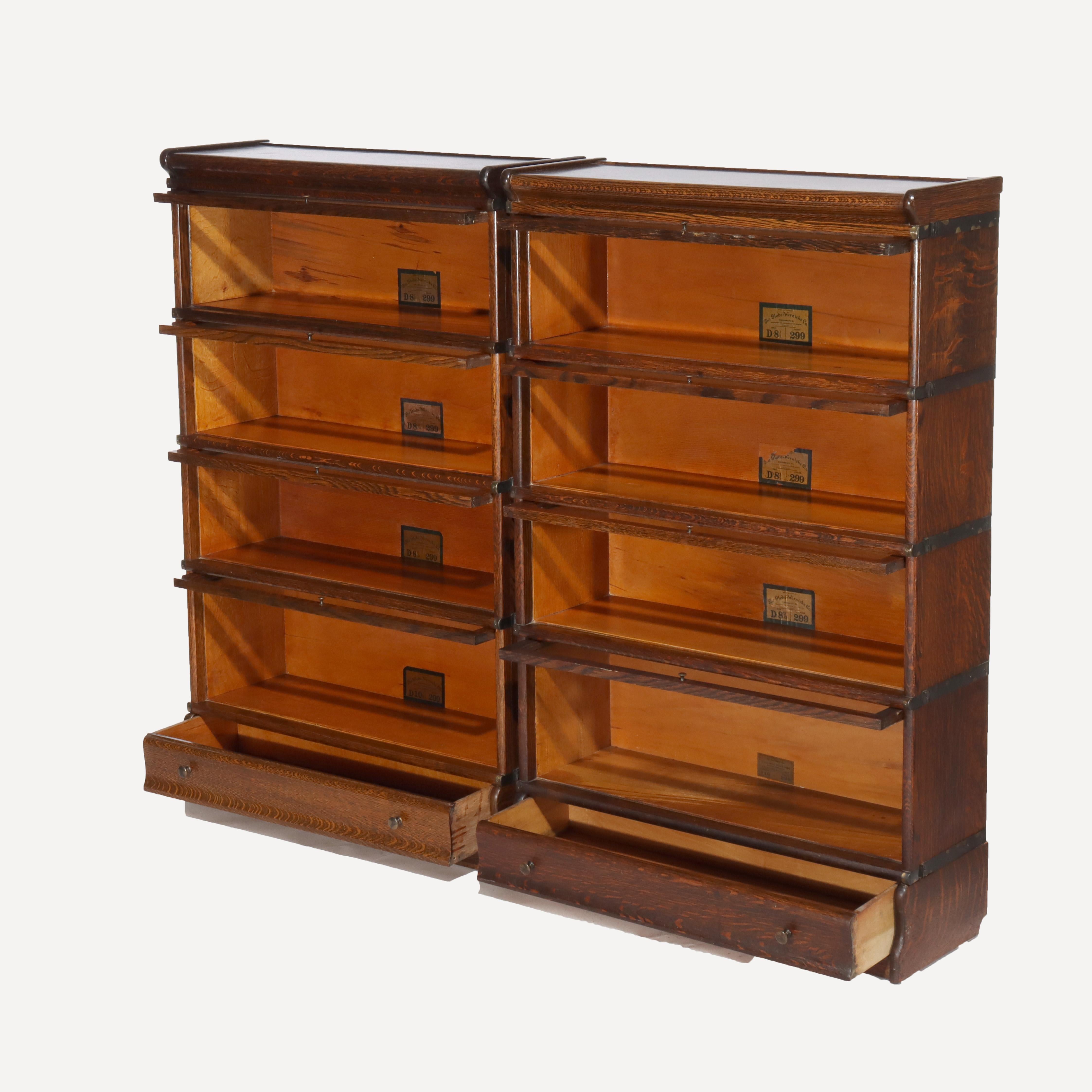 ***Reduced In-House Delivery Rates - Click on “Ask Seller” to Request a Quote***
Pair of Antique Globe Wernicke Oak Four Stack Barrister Bookcases with Drawer Signed C1920.   
Measures - 10