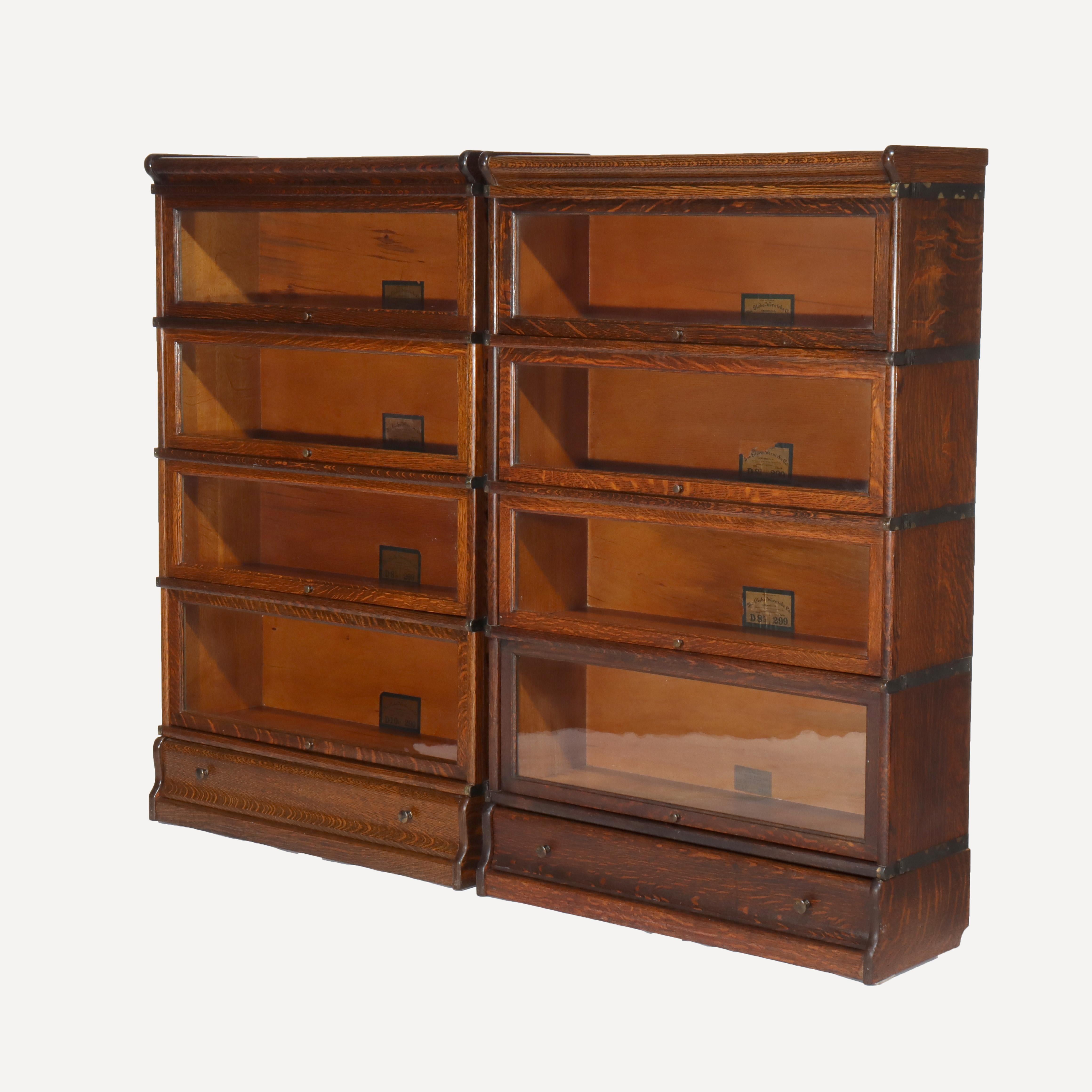 Pair of Antique Globe Wernicke Oak Four Stack Barrister Bookcases C1920 In Good Condition For Sale In Big Flats, NY