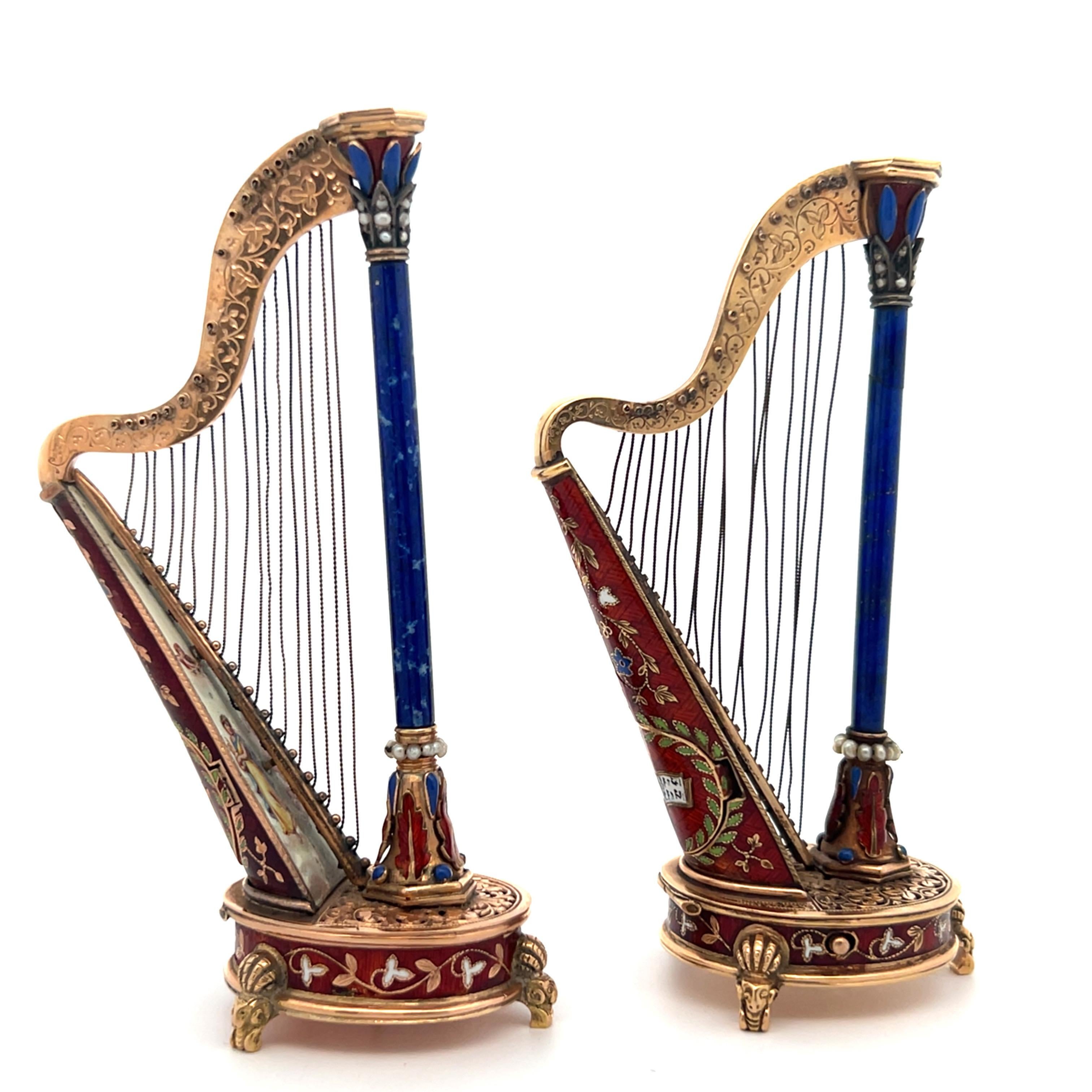 Pair of Antique Gold and Enamel Musical Harps For Sale 6