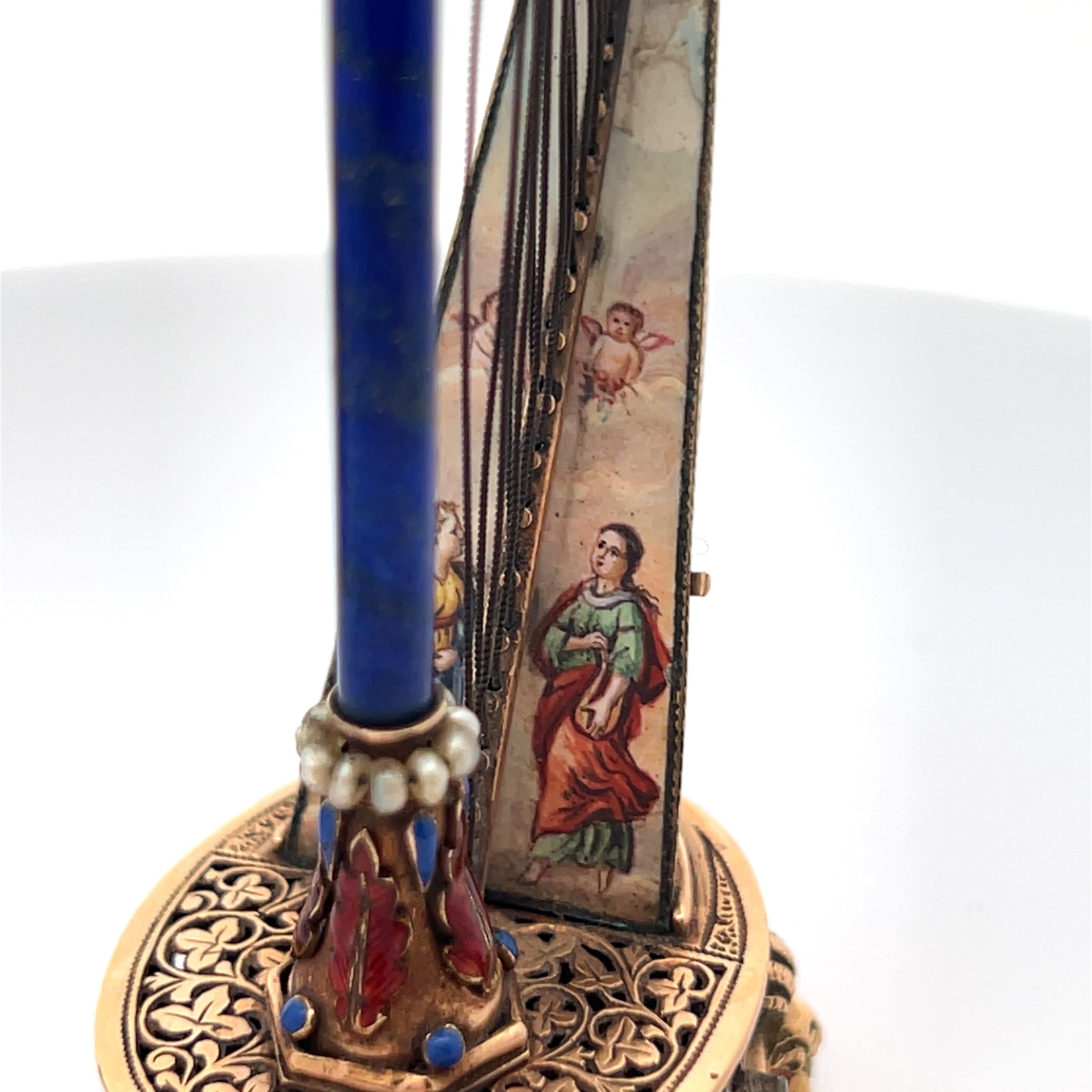 Pair of Antique Gold and Enamel Musical Harps For Sale 7