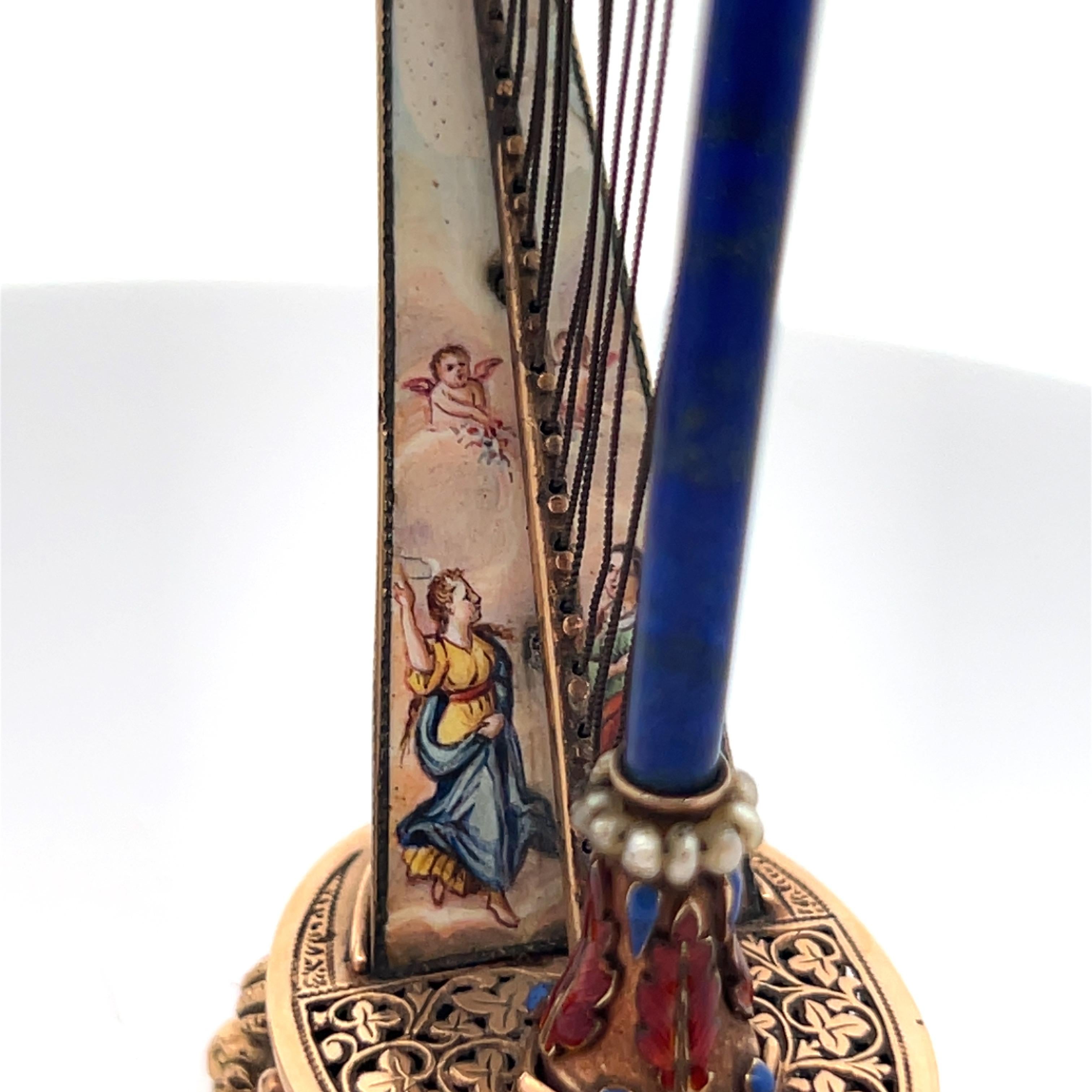 Pair of Antique Gold and Enamel Musical Harps For Sale 9