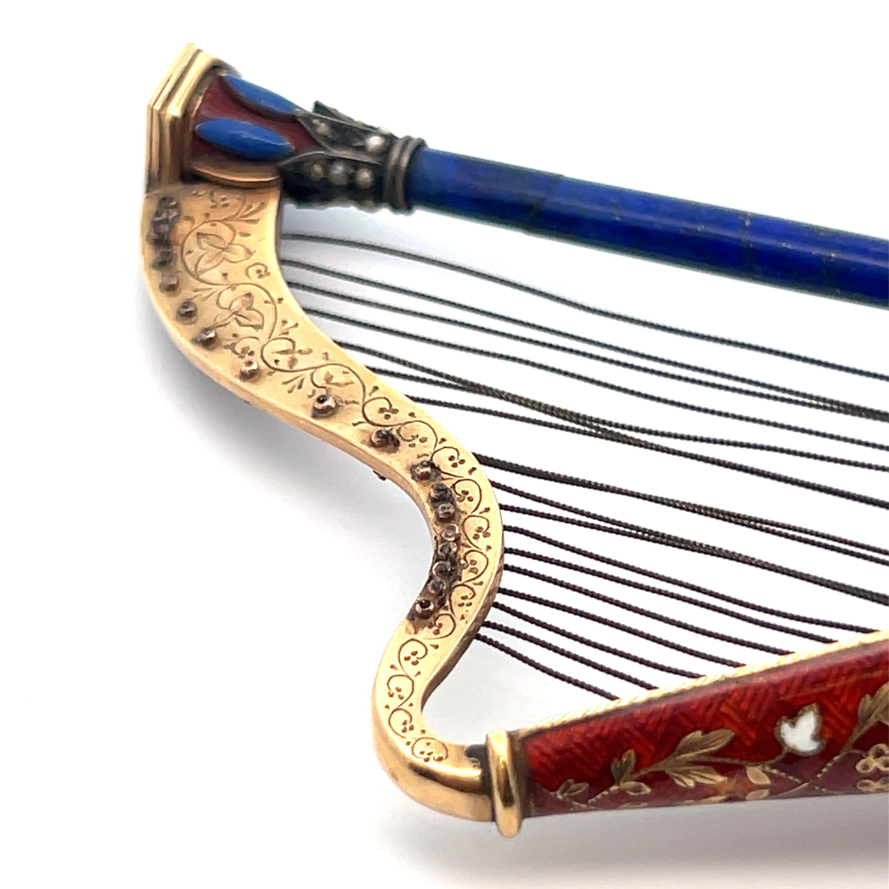 Pair of Antique Gold and Enamel Musical Harps For Sale 11