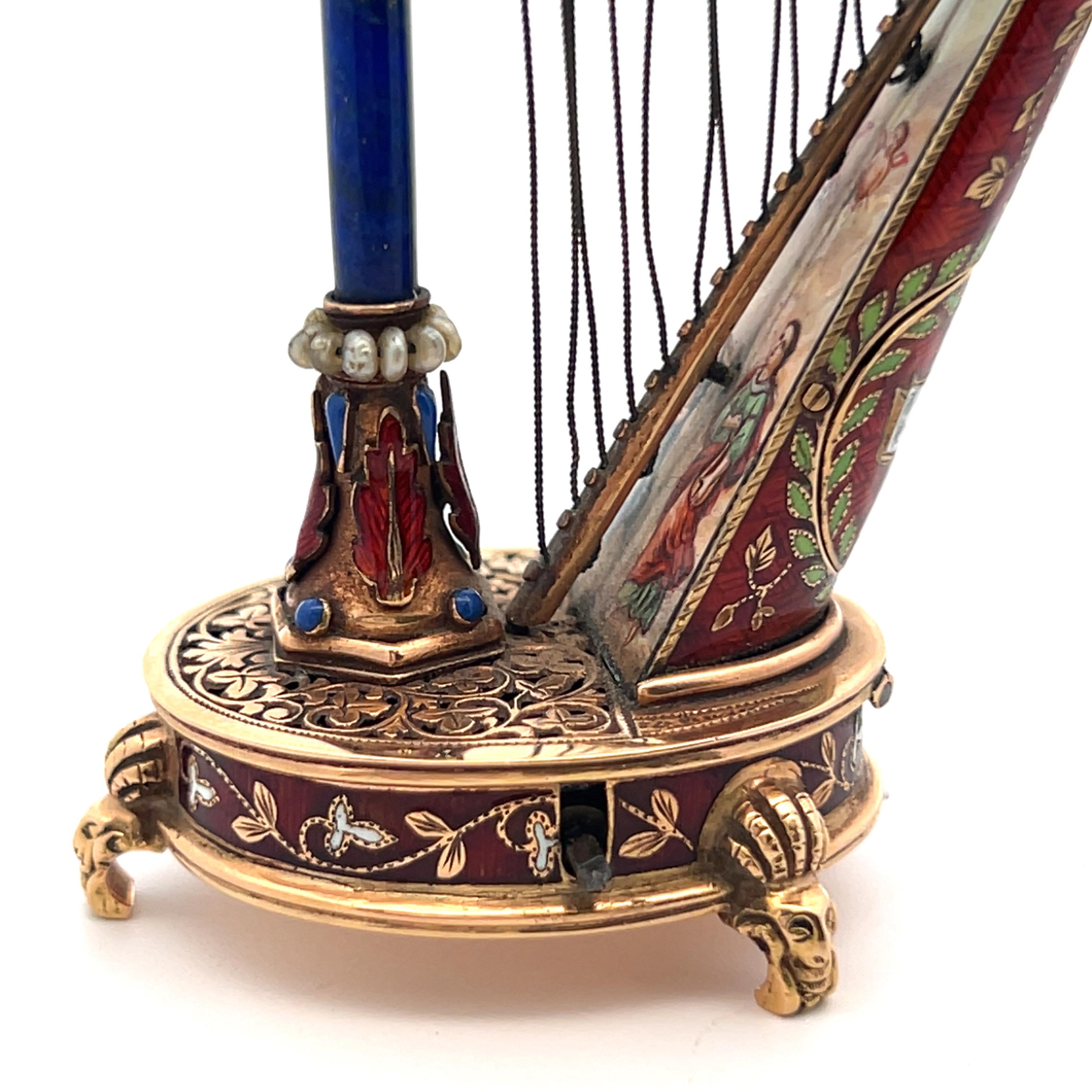 Pair of Antique Gold and Enamel Musical Harps For Sale 12