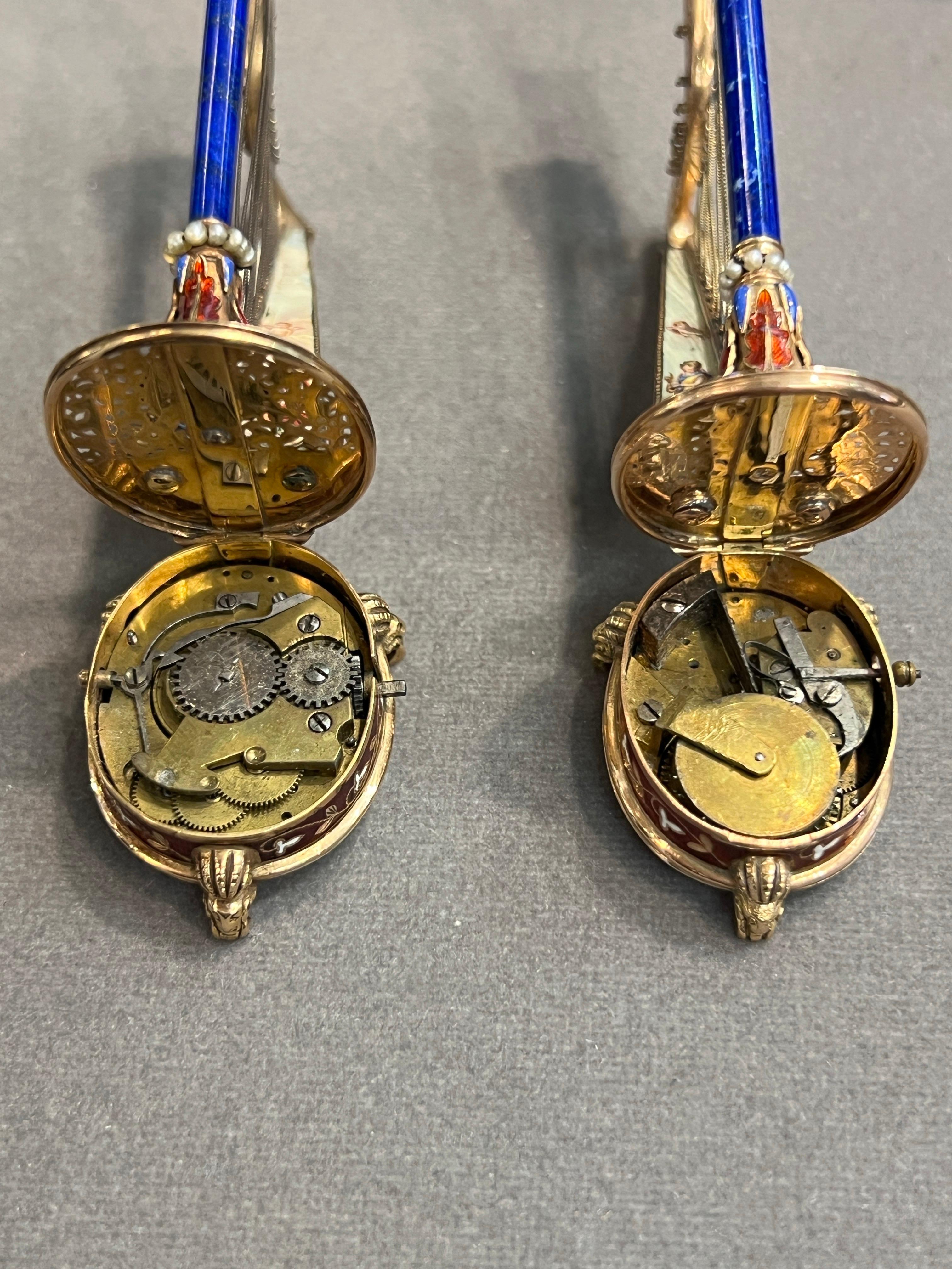 Pair of Antique Gold and Enamel Musical Harps For Sale 13