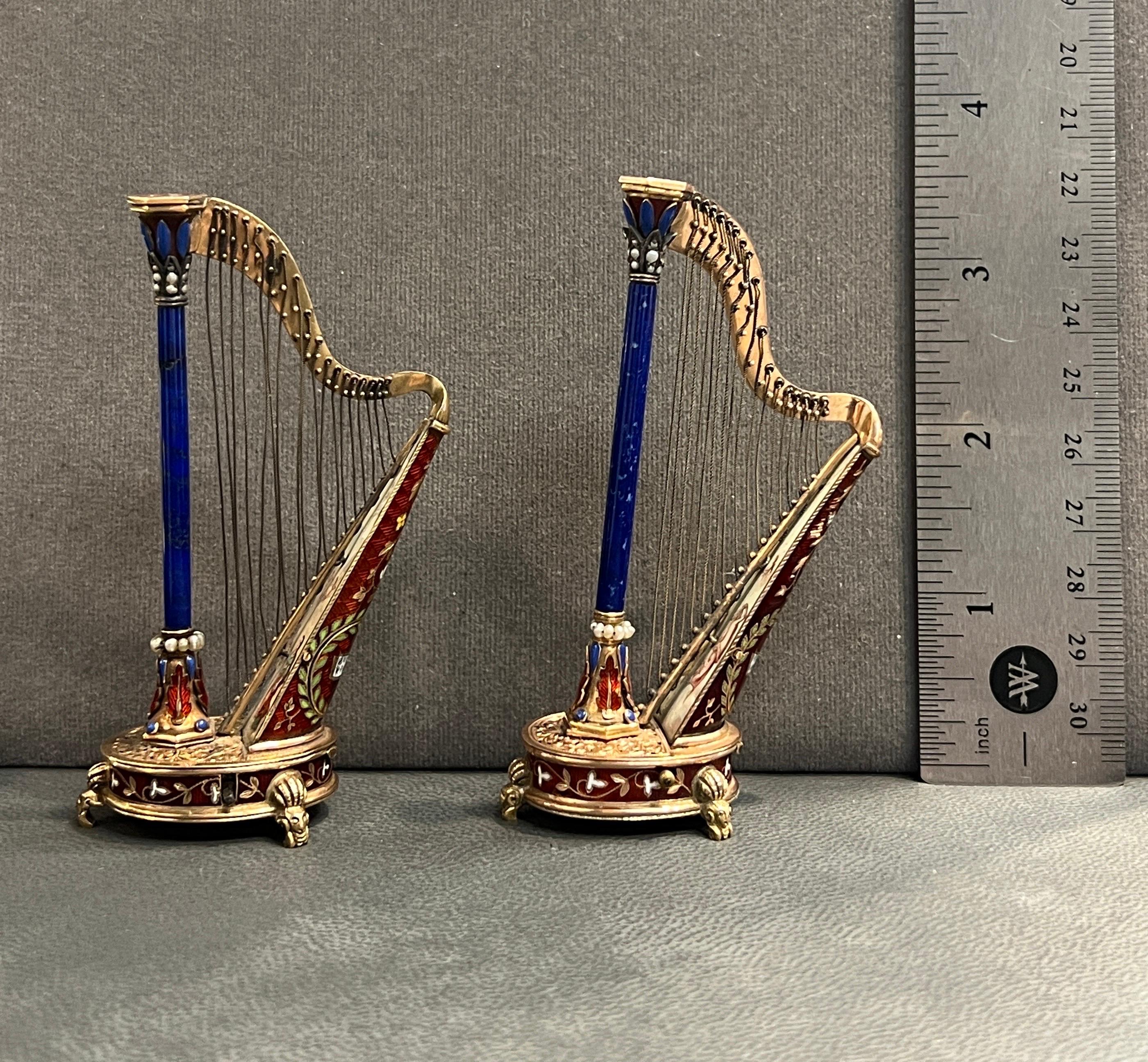 Women's or Men's Pair of Antique Gold and Enamel Musical Harps For Sale