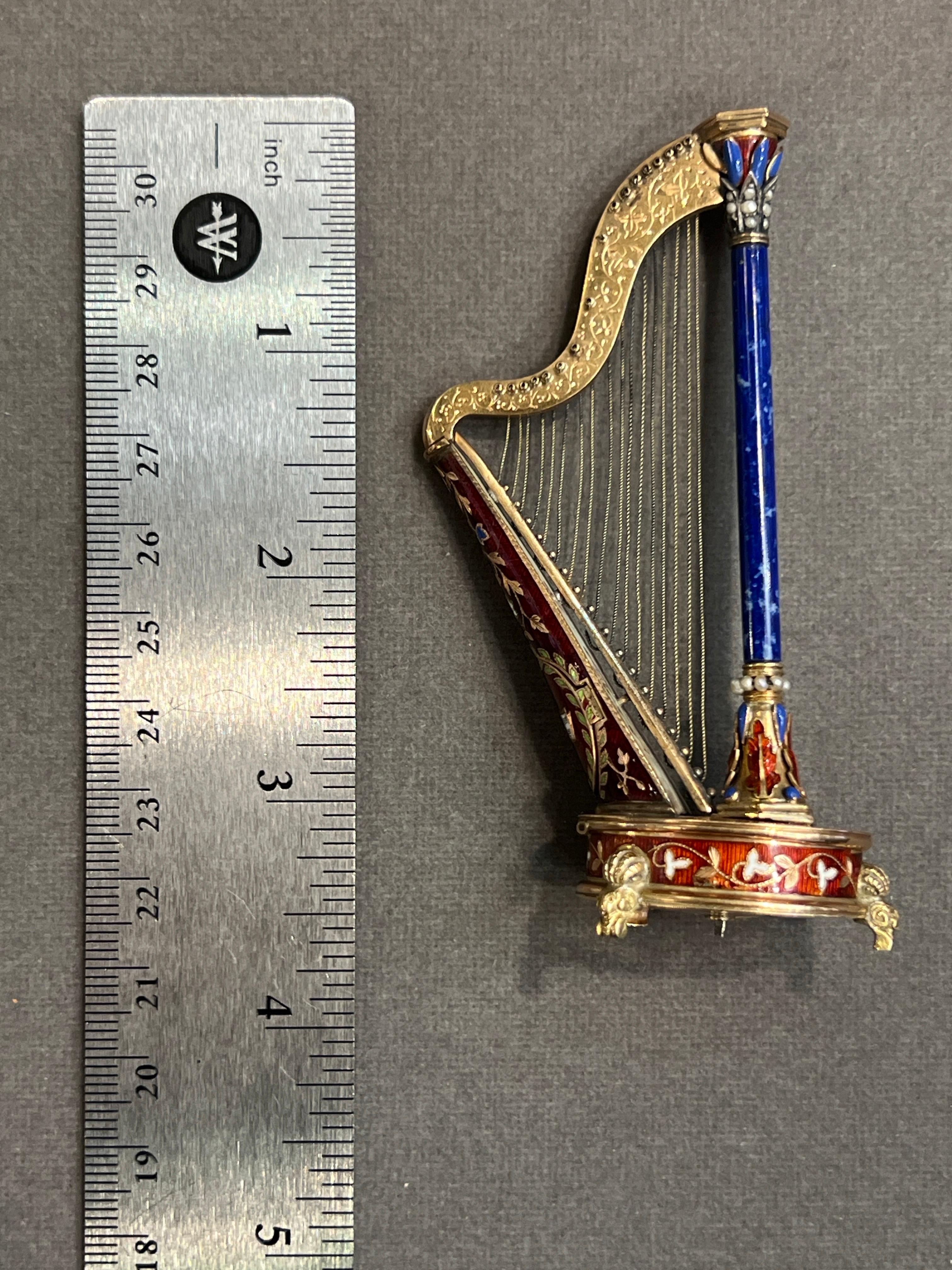 Pair of Antique Gold and Enamel Musical Harps For Sale 1
