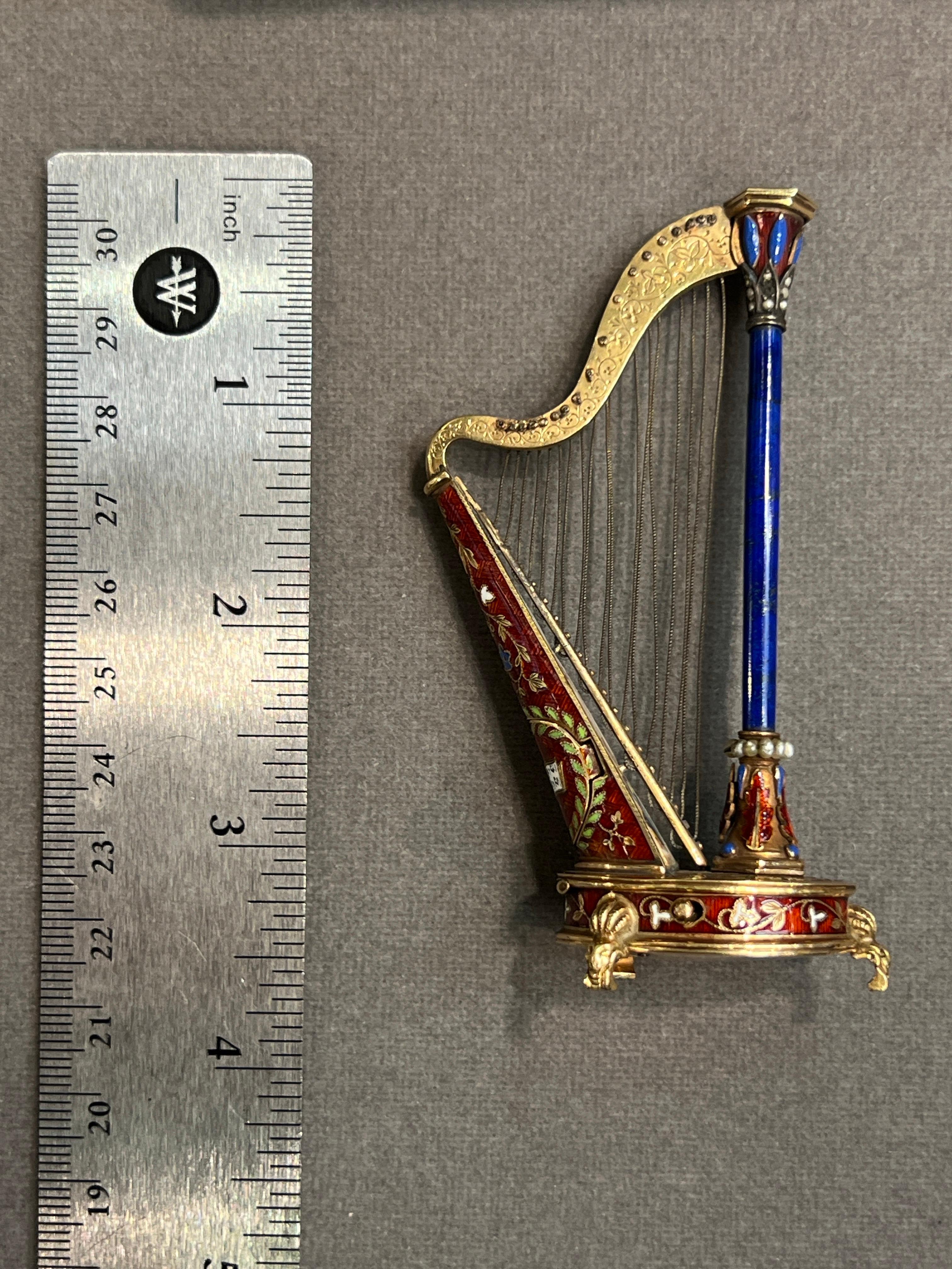 Pair of Antique Gold and Enamel Musical Harps For Sale 2