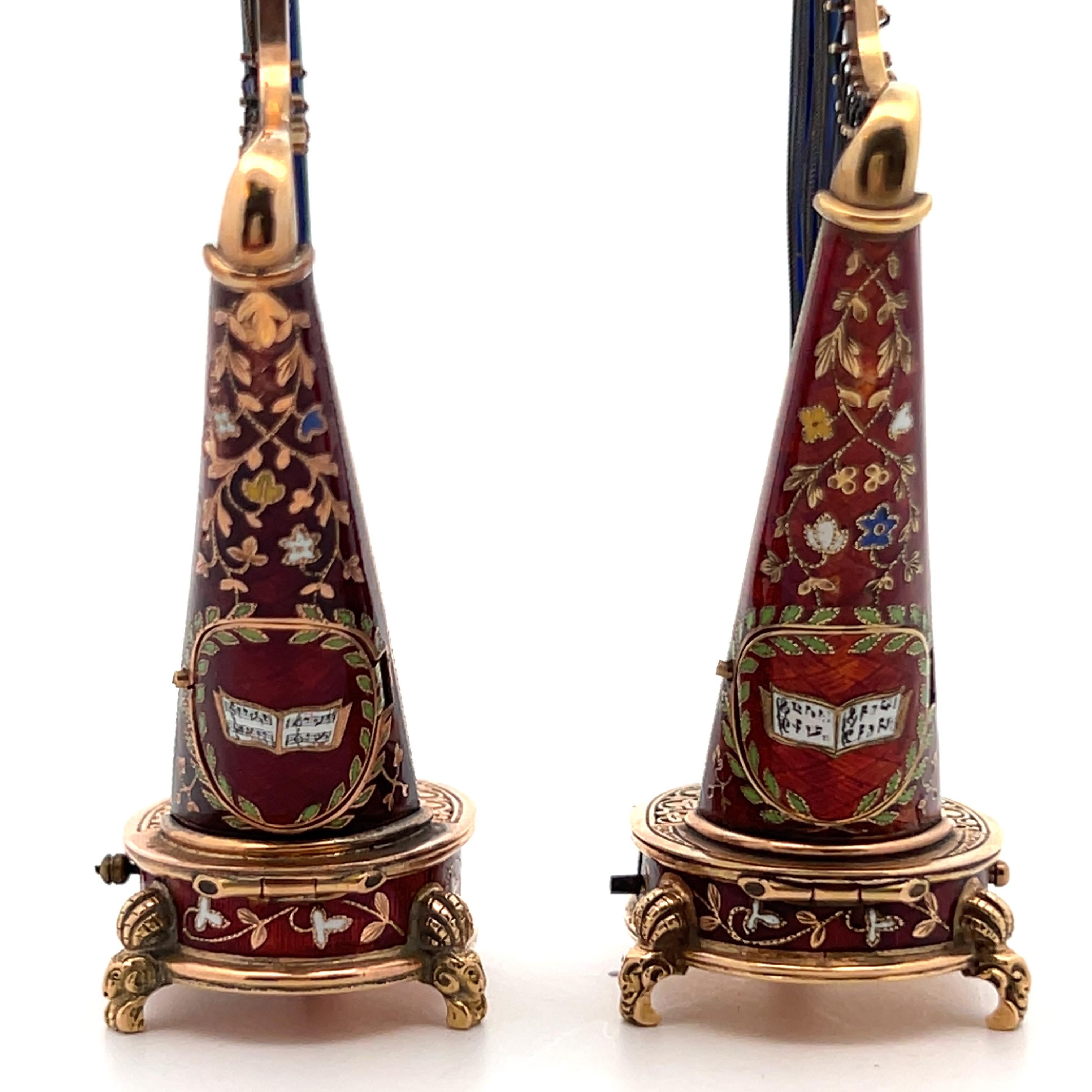 Pair of Antique Gold and Enamel Musical Harps For Sale 3