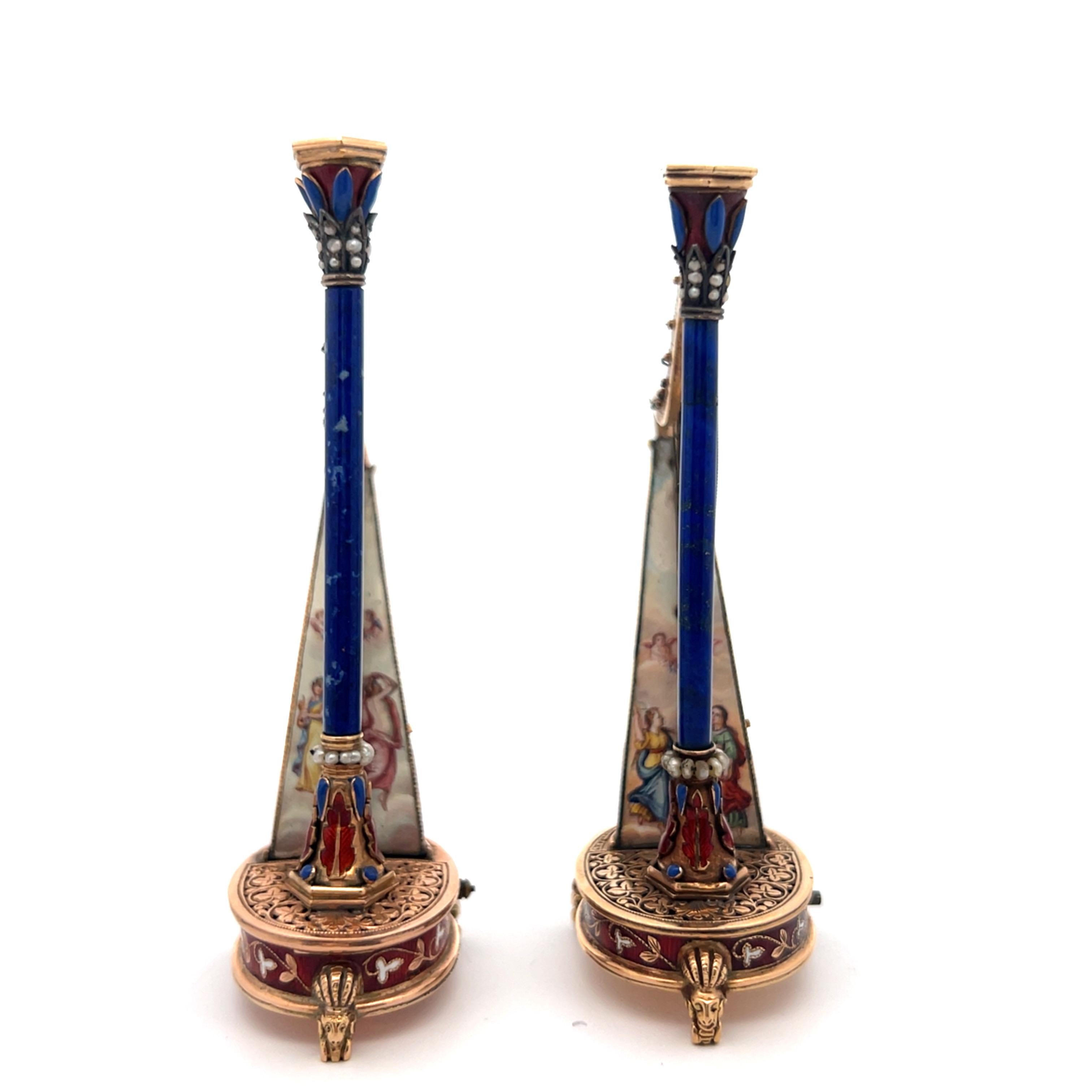 Pair of Antique Gold and Enamel Musical Harps For Sale 4