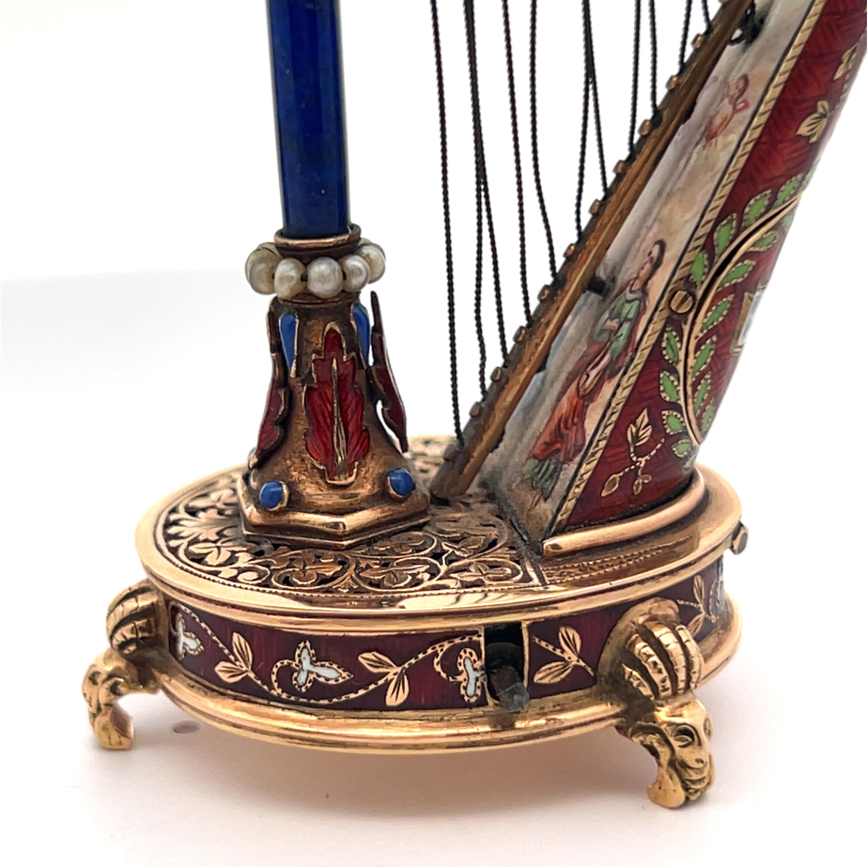 Pair of Antique Gold and Enamel Musical Harps For Sale 5