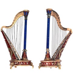 Paire de harpes musicales anciennes en or et émail