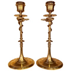 Paire de chandeliers serpent en bronze doré ancien par Ferdinand Barbedienne
