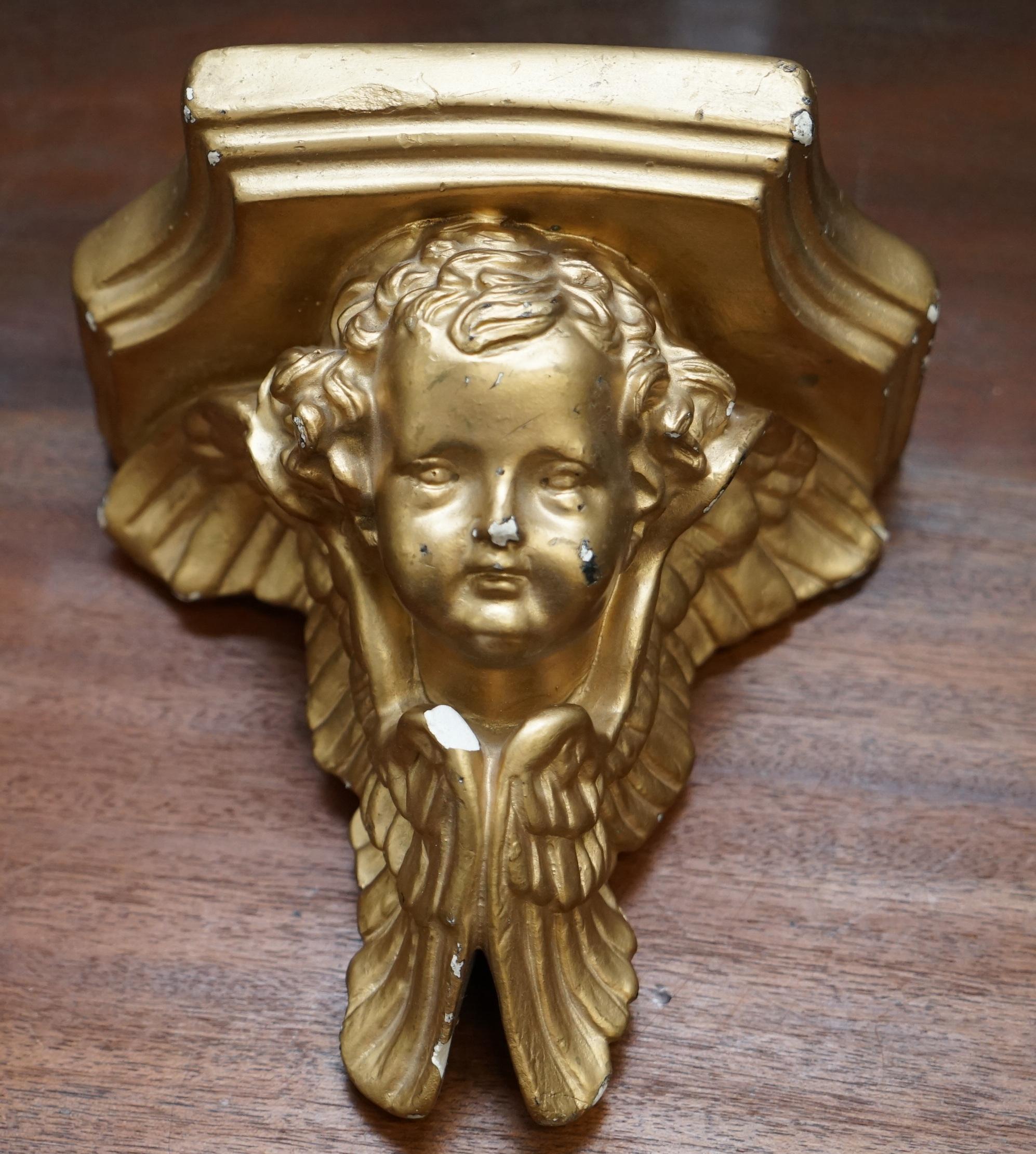Pair of Antique Gold Leaf Painted Plaster Wall Sconces of Cherubs Nicely Cast 3