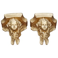 Pair of Antique Gold Leaf Painted Plaster Wall Sconces of Cherubs Nicely Cast