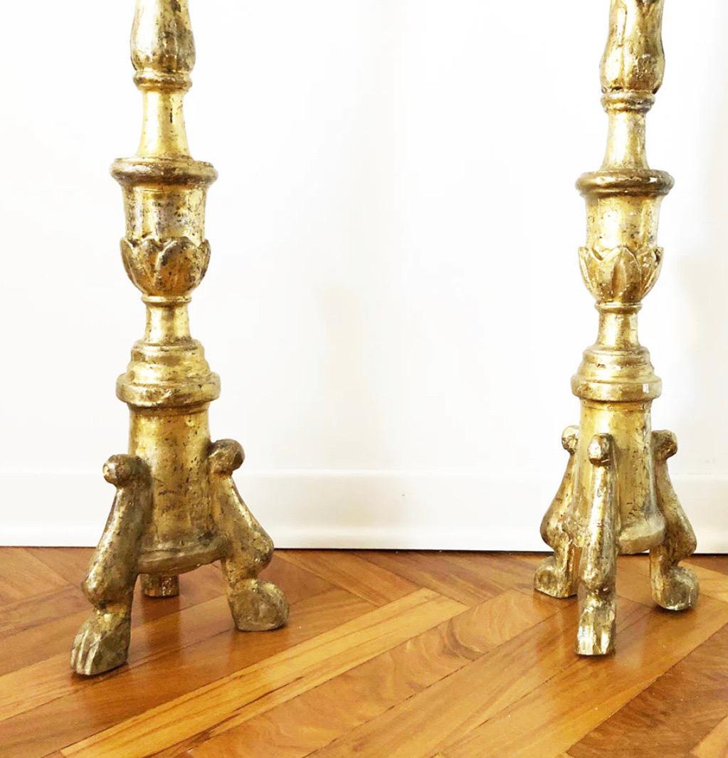 Pair of Antique Gold Leaf Wood Candlesticks 1780, Antiques In Good Condition For Sale In Foggia, FG
