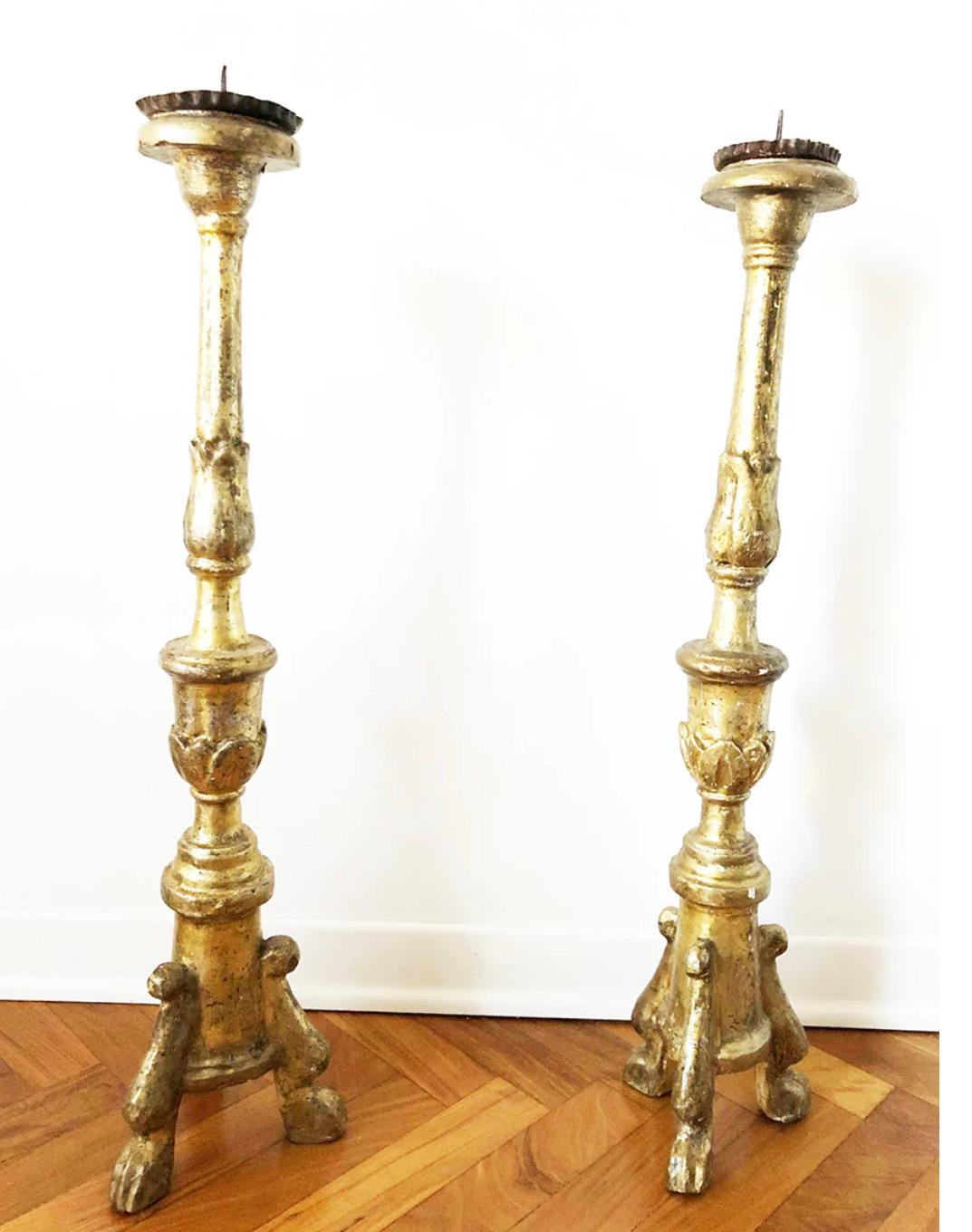 Bentwood Pair of Antique Gold Leaf Wood Candlesticks 1780, Antiques For Sale