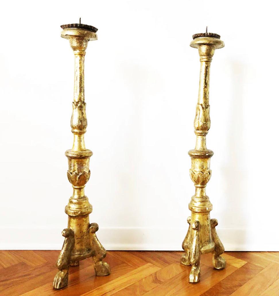 Pair of Antique Gold Leaf Wood Candlesticks 1780, Antiques For Sale 2
