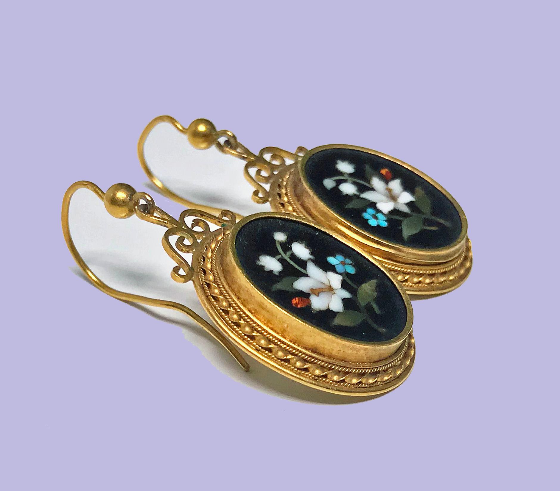 Pair of Antique Gold Pietra Dura Earrings, circa 1875 2