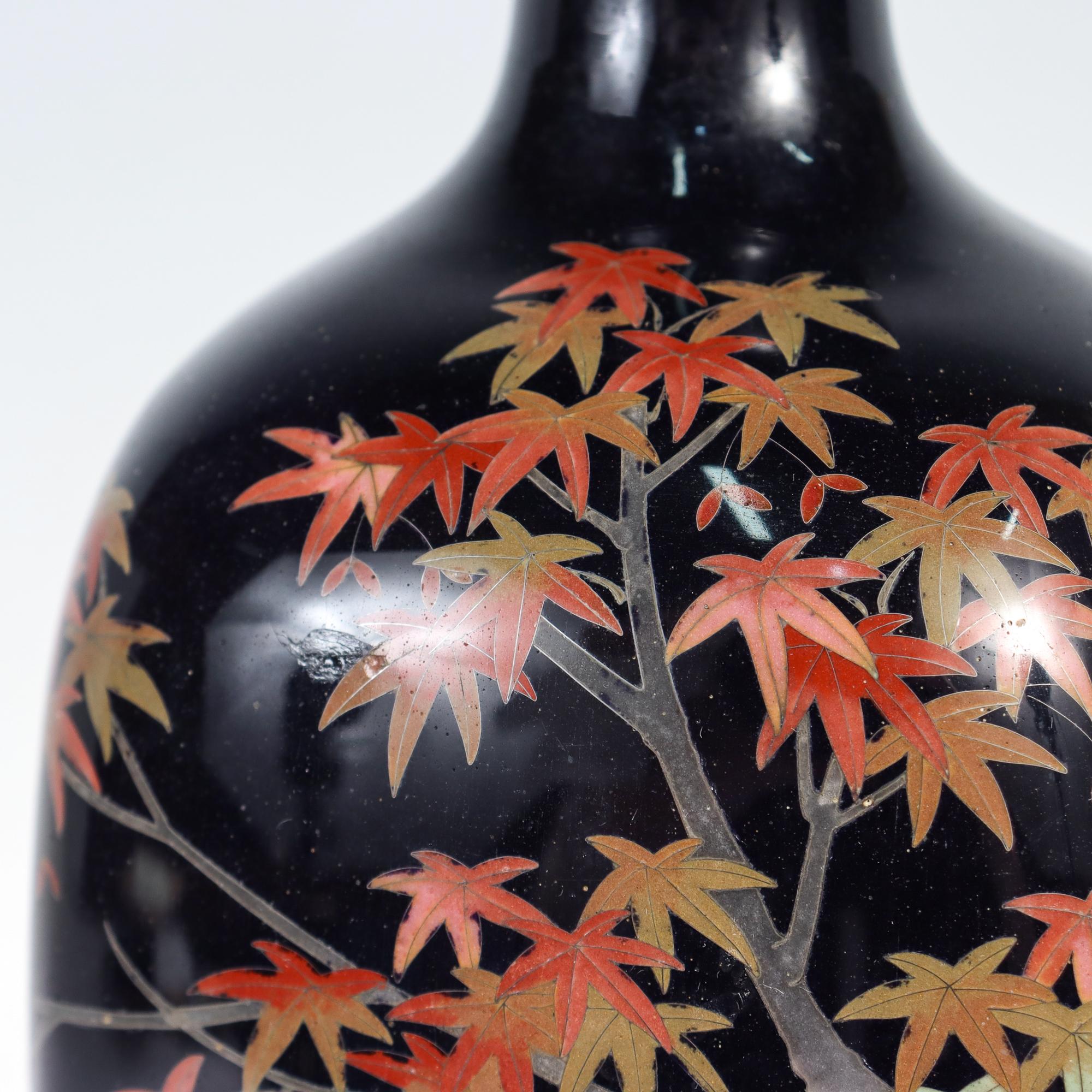 Pair of Antique Gonda Hirosuke Wired Cloisonne Enamel Vases with Birds & Leaves 2