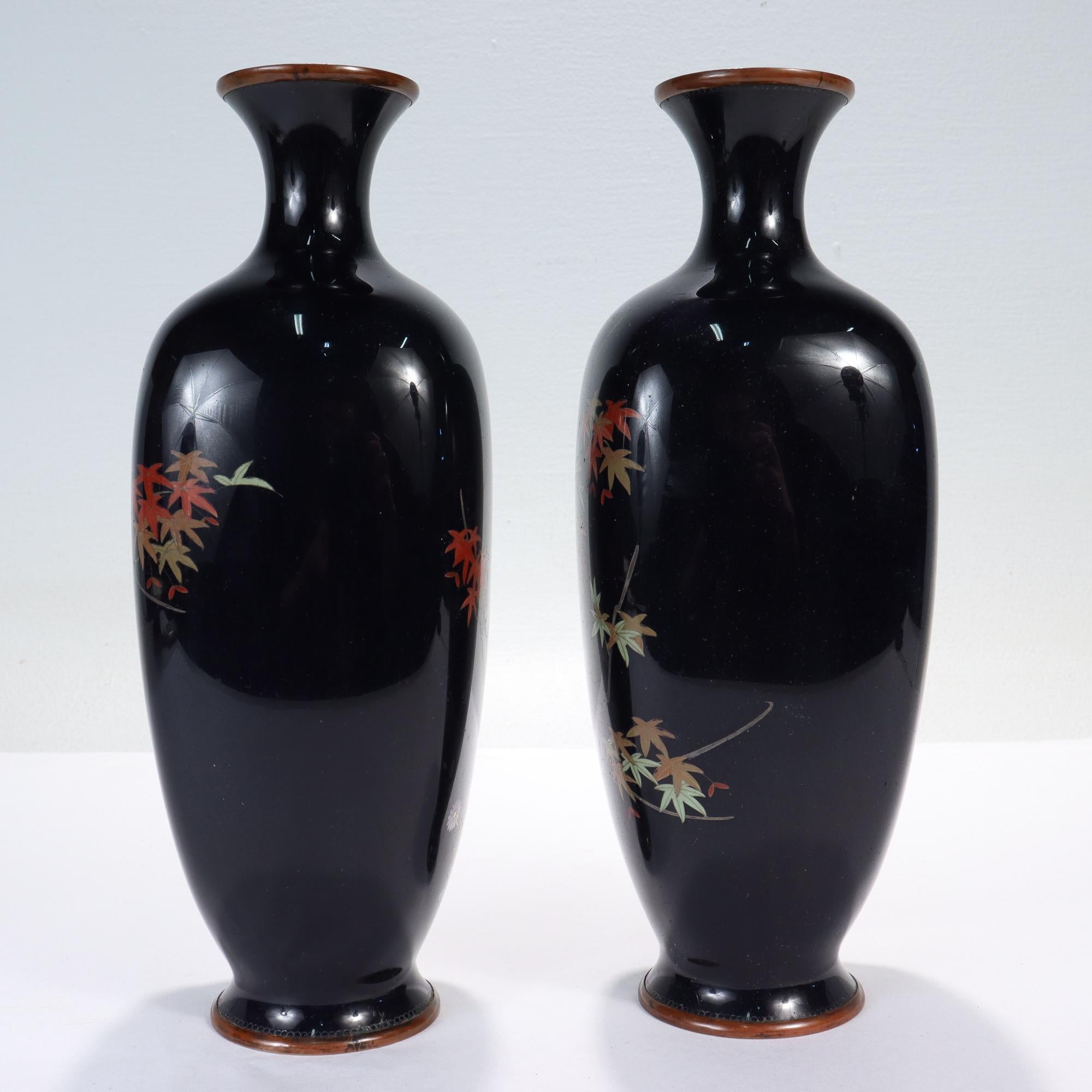 Meiji Pair of Antique Gonda Hirosuke Wired Cloisonne Enamel Vases with Birds & Leaves