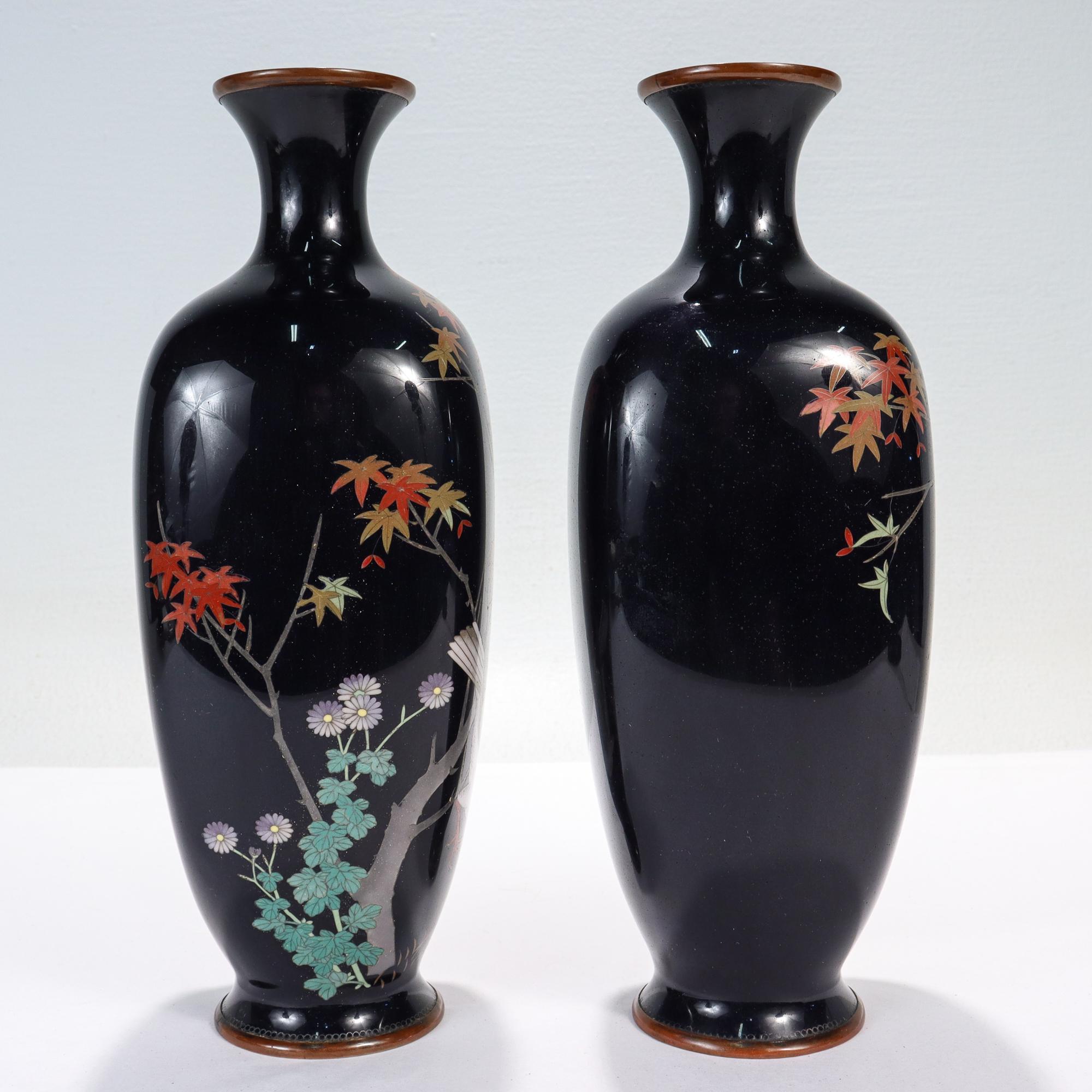 Japanese Pair of Antique Gonda Hirosuke Wired Cloisonne Enamel Vases with Birds & Leaves