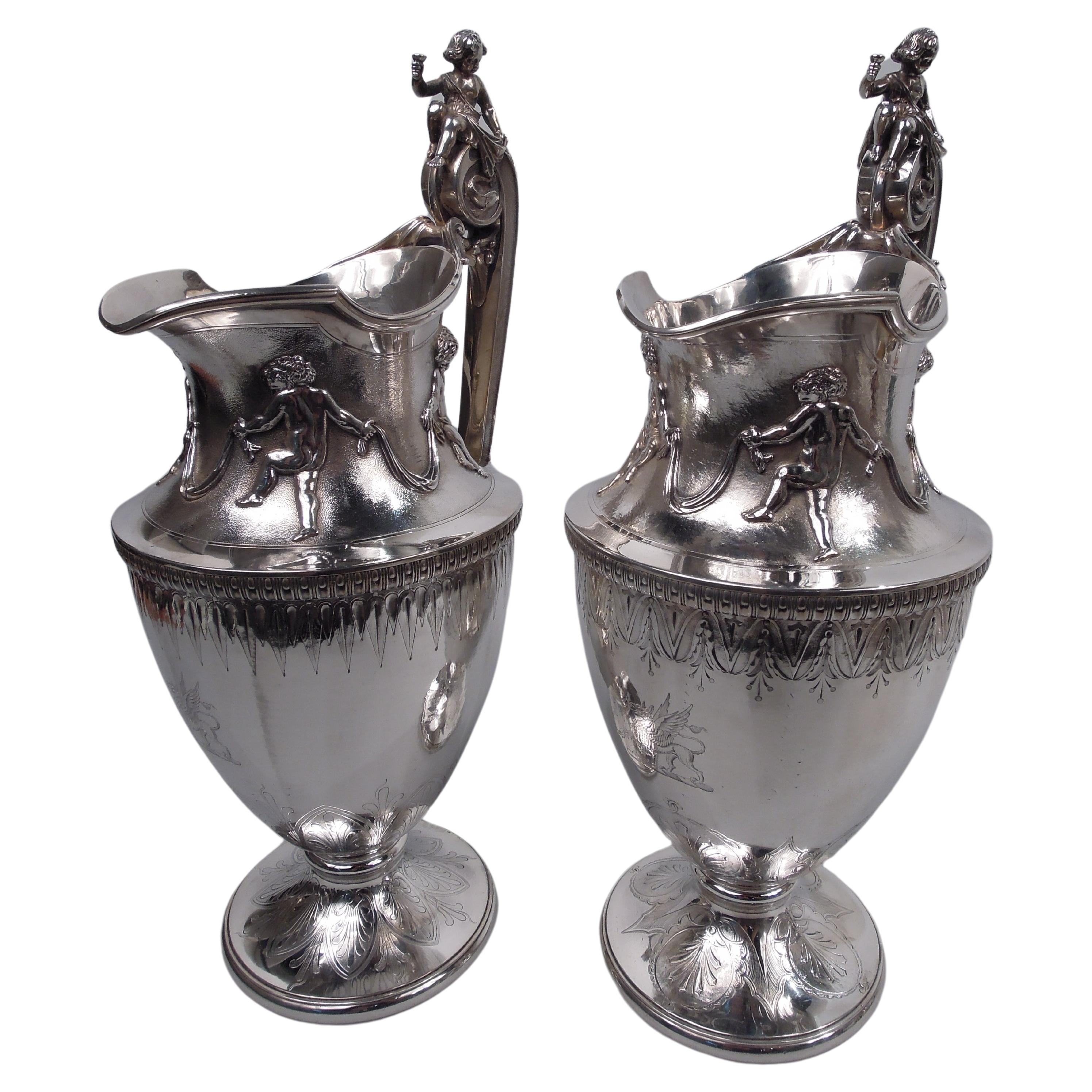 Pair of Antique Gorham American Classical Silver Ewers   For Sale