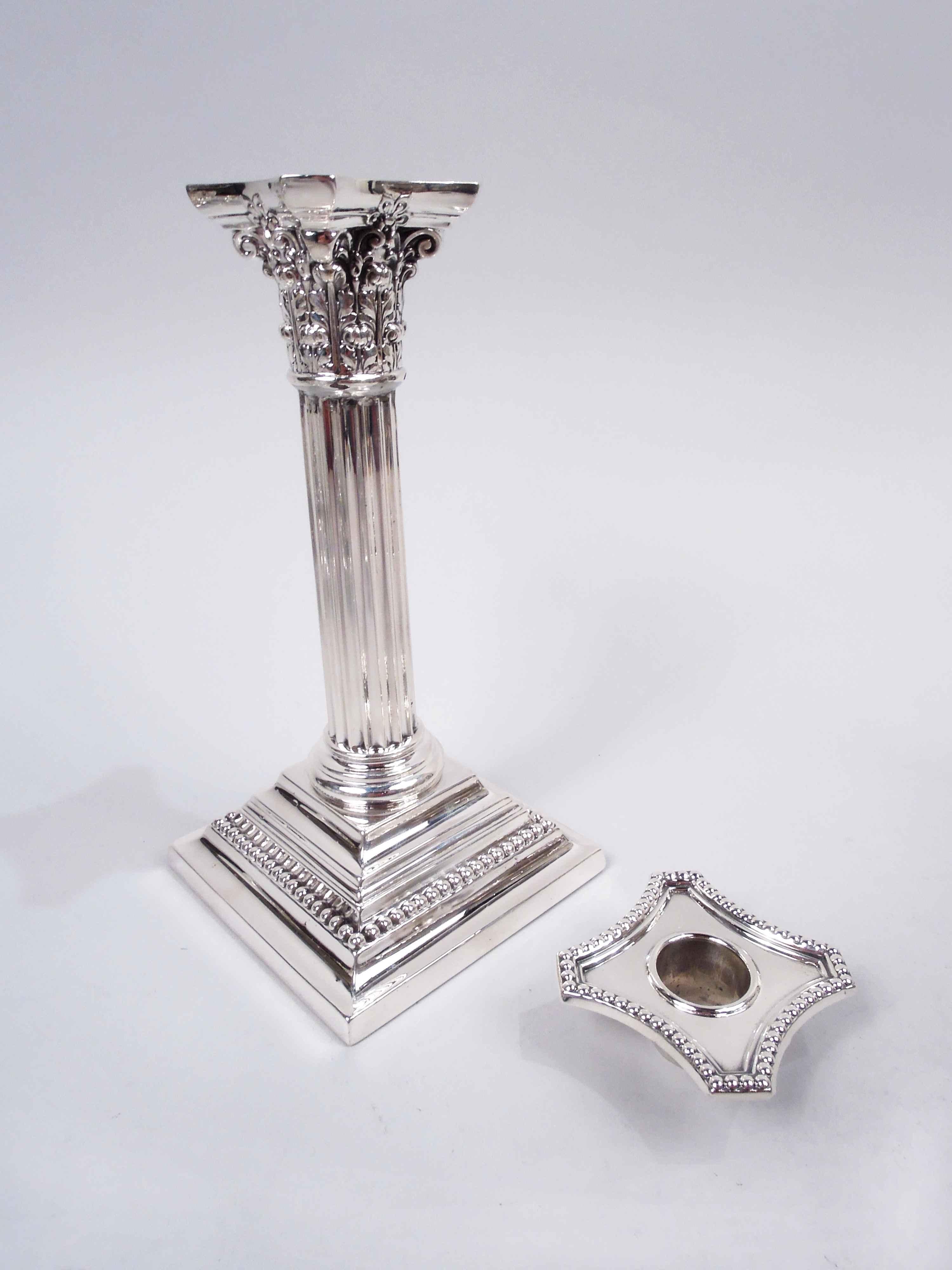 Sterling Silver Pair of Antique Gorham Edwardian Classical Column Candlesticks For Sale