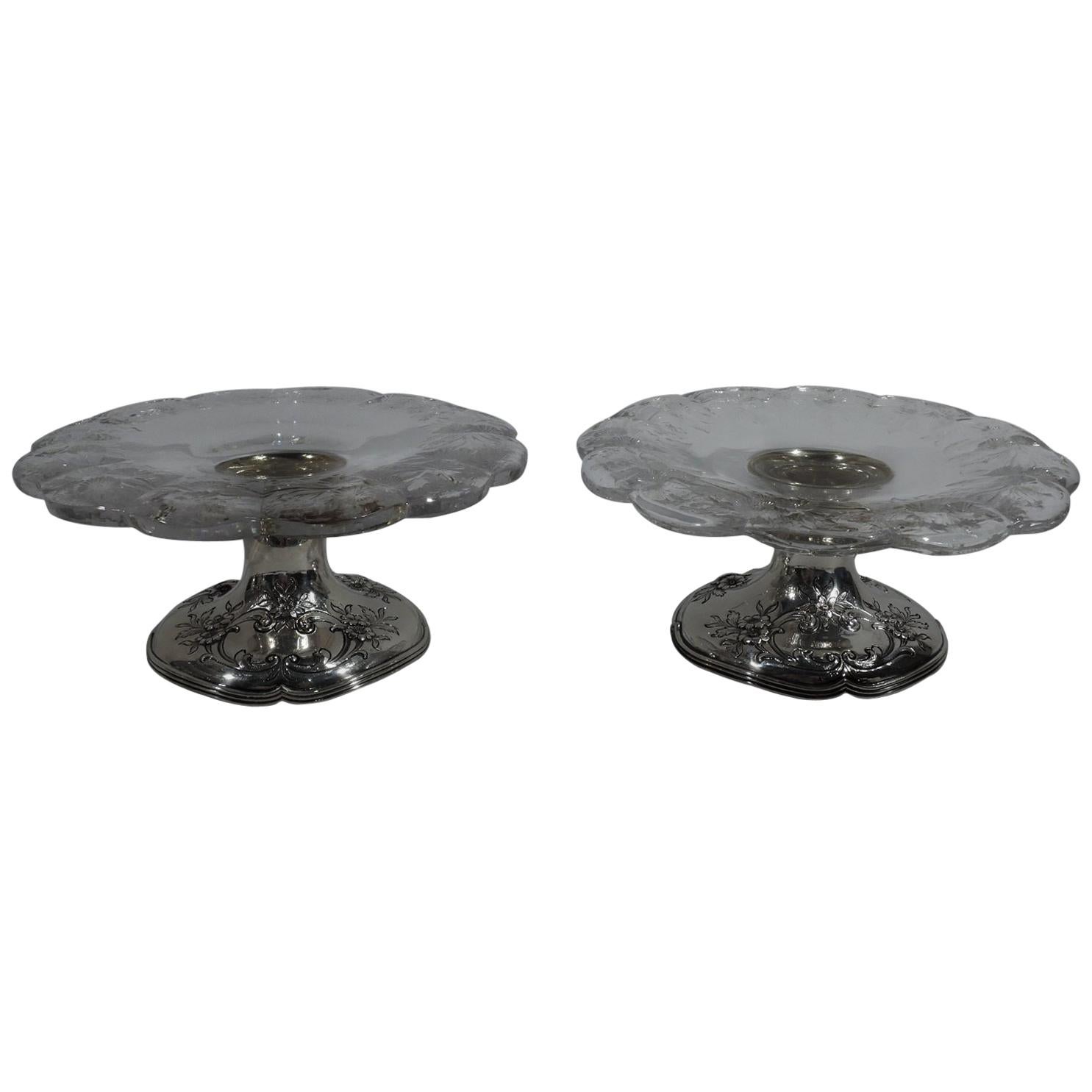 Paire de compotiers anciens de style édouardien Gorham en argent sterling et cristal