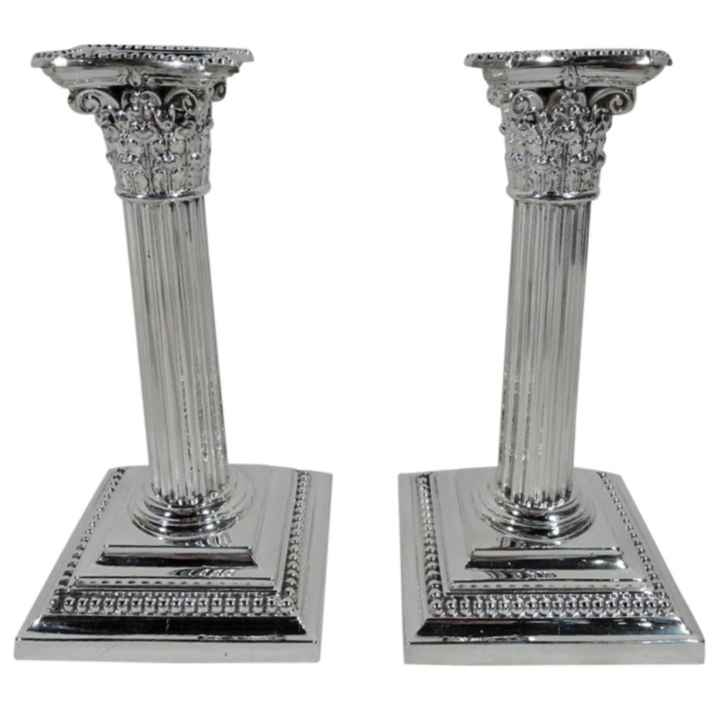 Pair of Antique Gorham Sterling Silver Classical Column Candlesticks