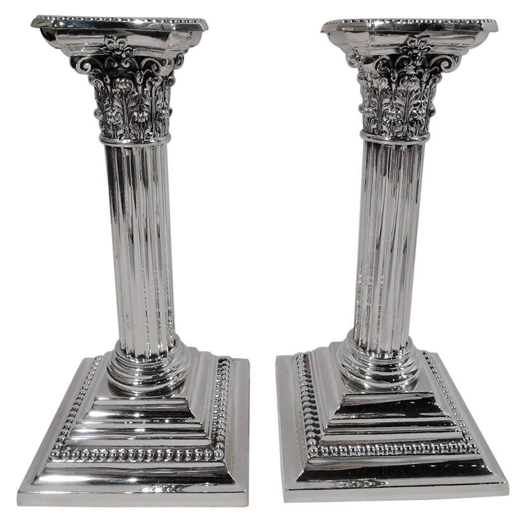 Pair of Antique Gorham Sterling Silver Classical Column Candlesticks