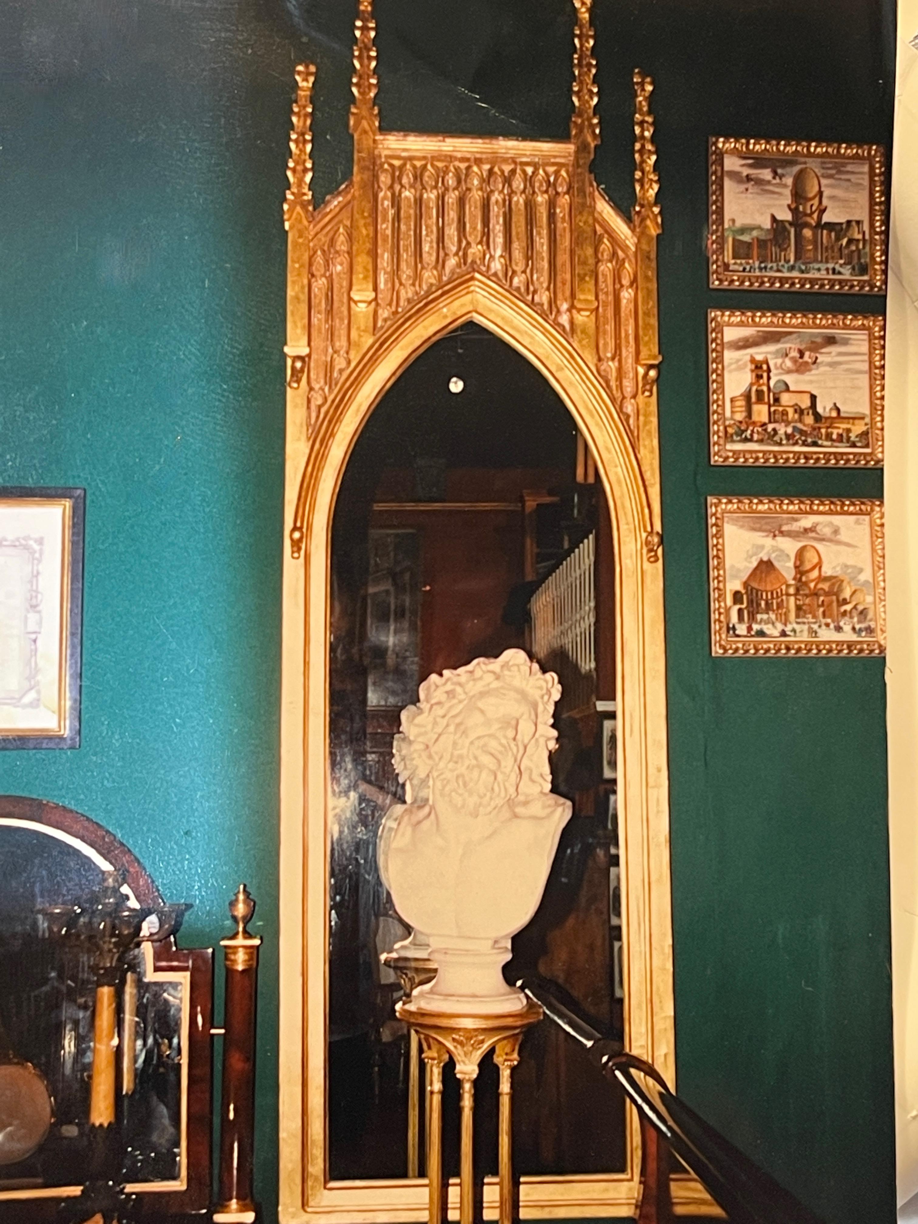 Pair of English Gothic Architectural Giltwood Mirrors ~9 feet tall In Good Condition For Sale In Hanover, MA