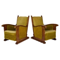 Pair of Antique Gothic Arts & Crafts Club Lounge Armchairs in Carved Oak, 1900s