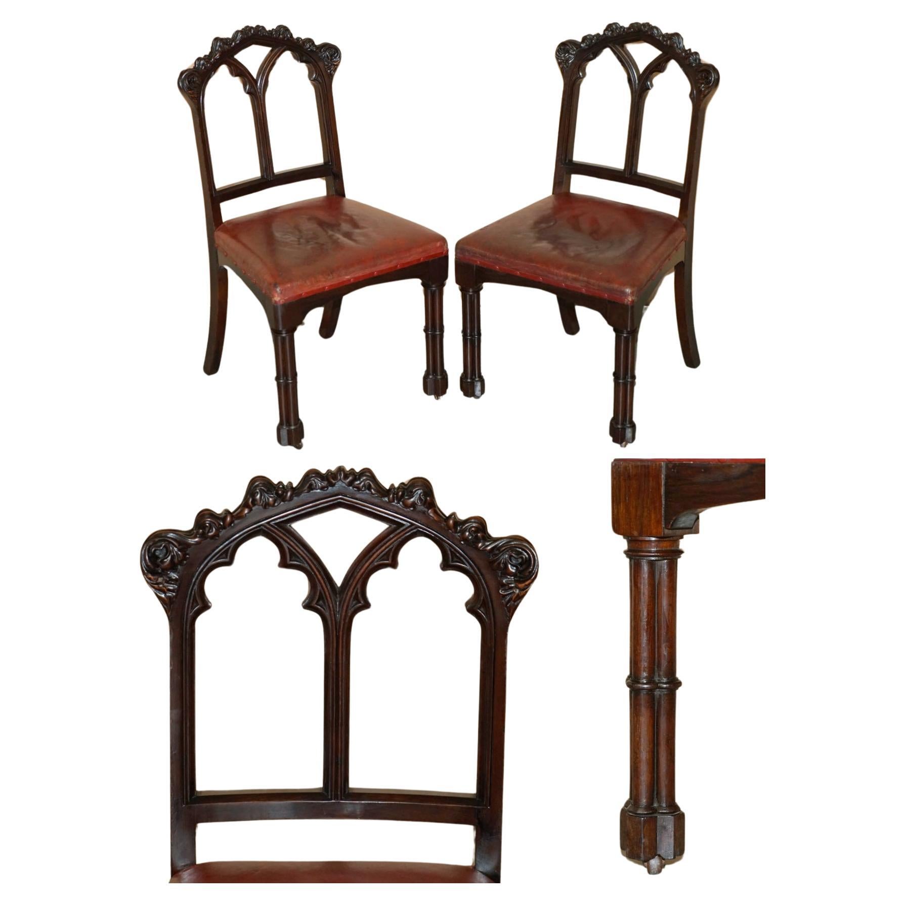PAIR OF ANTIQUE GOTHIC A.W.N PUGIN SIDE CHAIRS CHIPPENDALE CLUSTER COLUMN LEGs For Sale