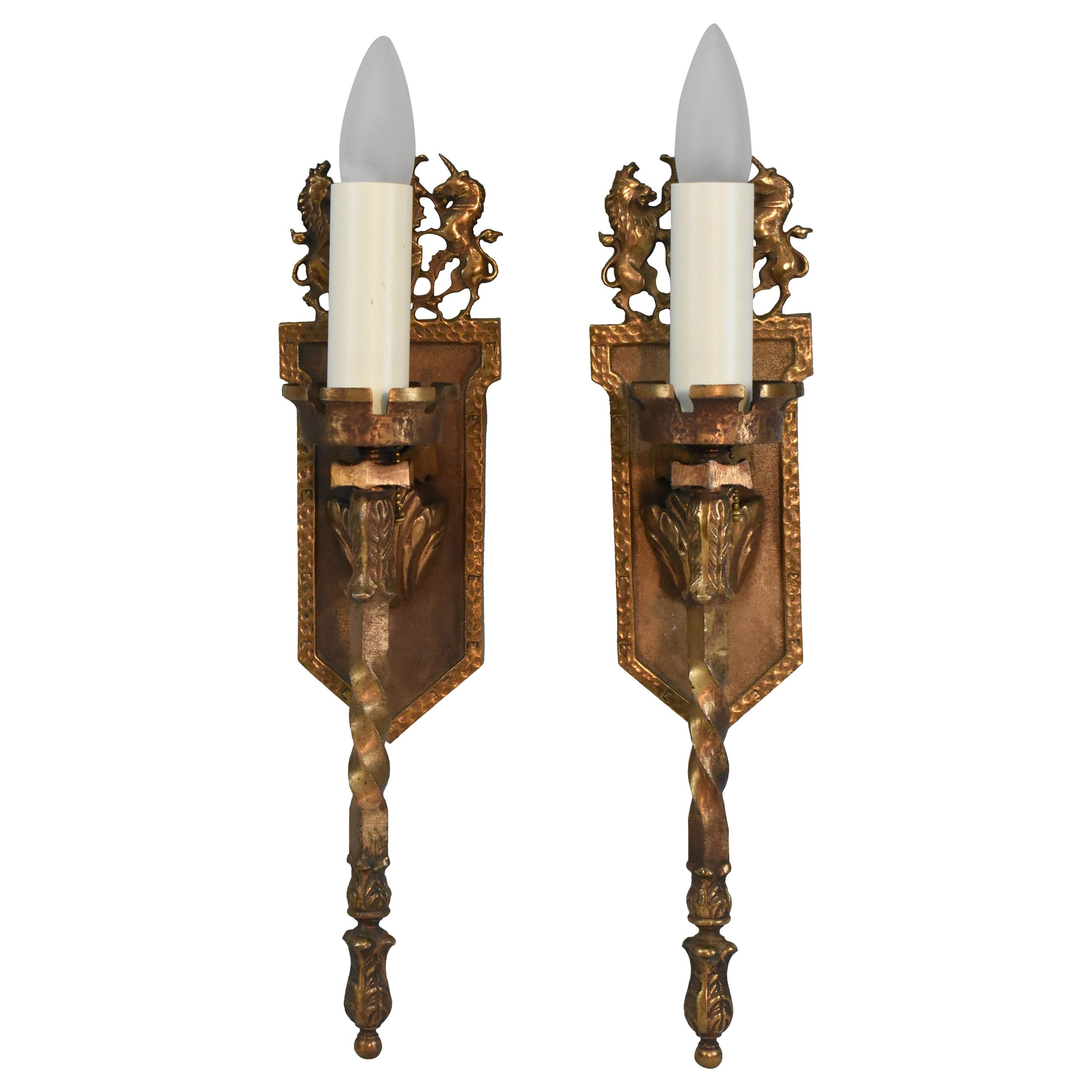 Pair of Antique Gothic Brass Wall Sconces Unicorns, Shield with Thistle