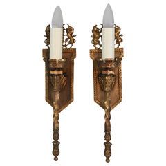 Pair of Vintage Gothic Brass Wall Sconces Unicorns, Shield with Thistle