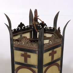 Pair of Antique Gothic Bronze, Brass & Glass Hanging Church Lights C1920